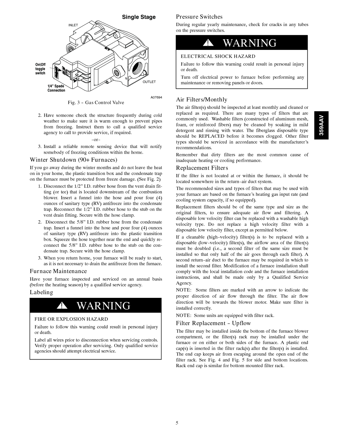 Bryant 359AAV Pressure Switches, Air Filters/Monthly, Winter Shutdown 90+ Furnaces, Furnace Maintenance, Labeling 