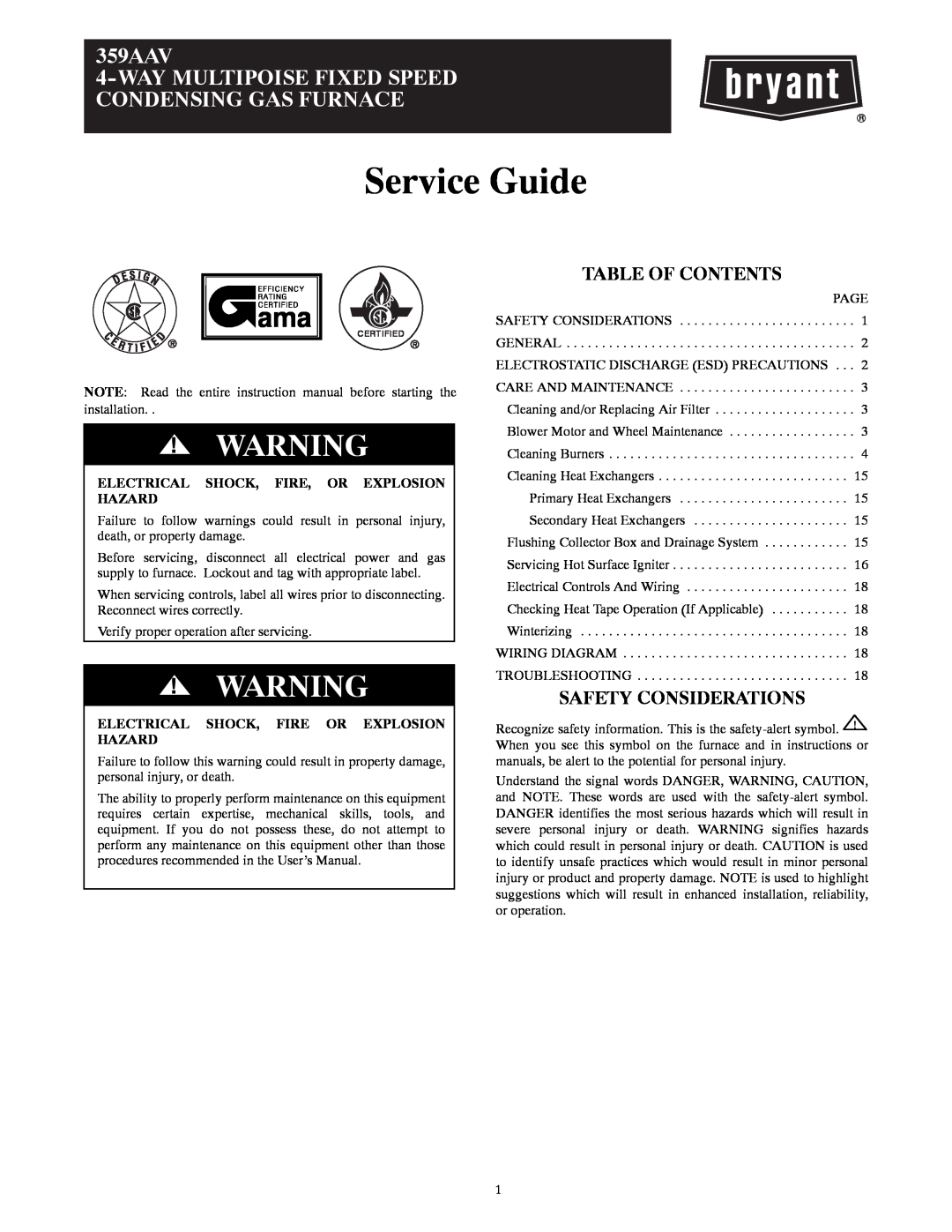 Bryant 359AAV instruction manual Table Of Contents, Safety Considerations, Electrical Shock, Fire, Or Explosion Hazard 