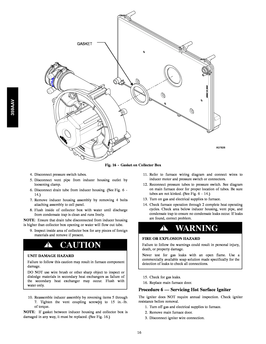 Bryant 359AAV instruction manual Procedure 6 - Servicing Hot Surface Igniter, Gasket on Collector Box, Unit Damage Hazard 