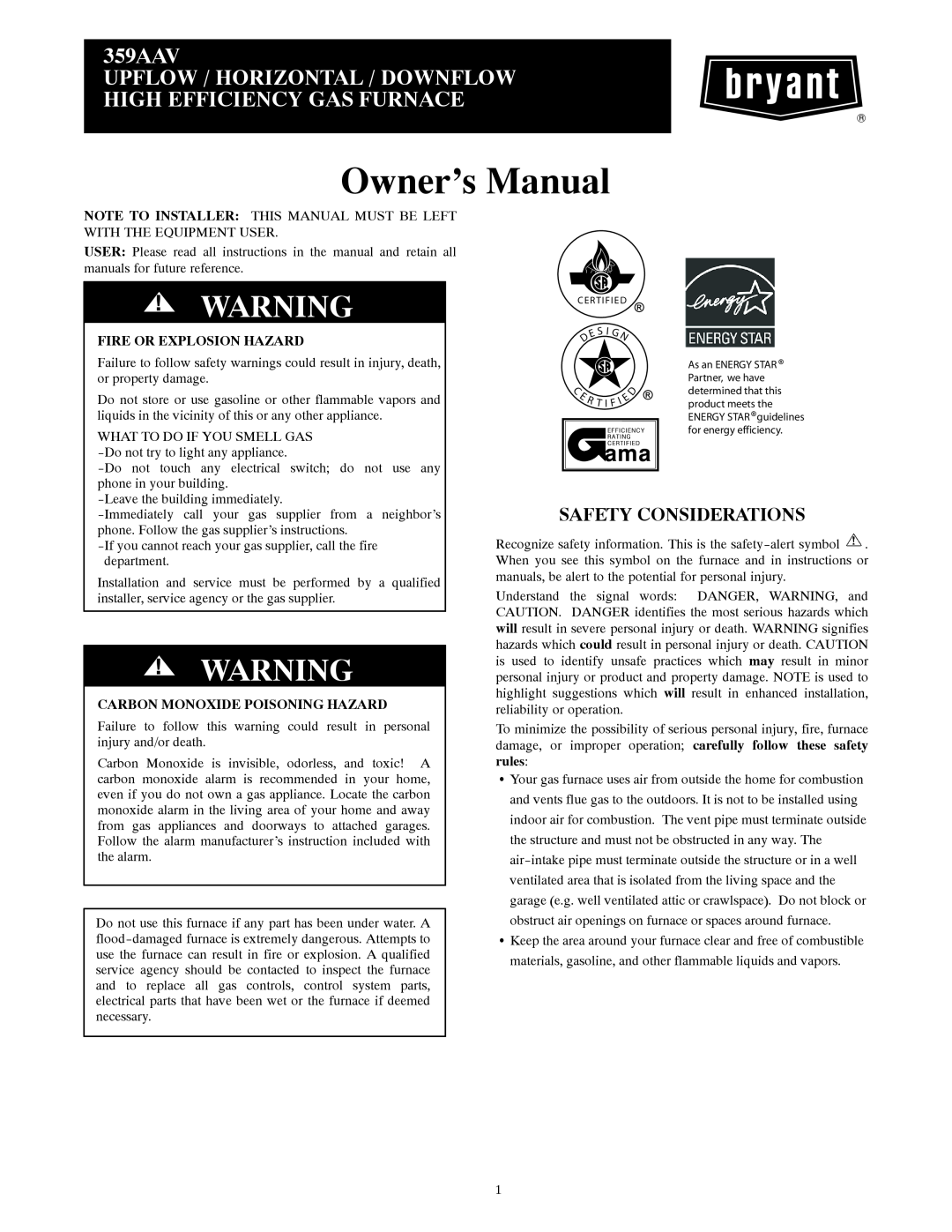 Bryant 359AAV instruction manual Table Of Contents, Safety Considerations, Electrical Shock, Fire, Or Explosion Hazard 
