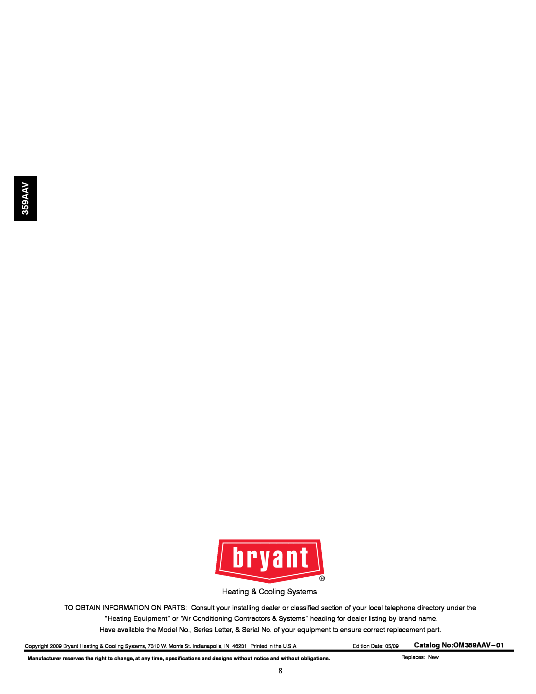Bryant owner manual Heating & Cooling Systems, Catalog No OM359AAV---01 