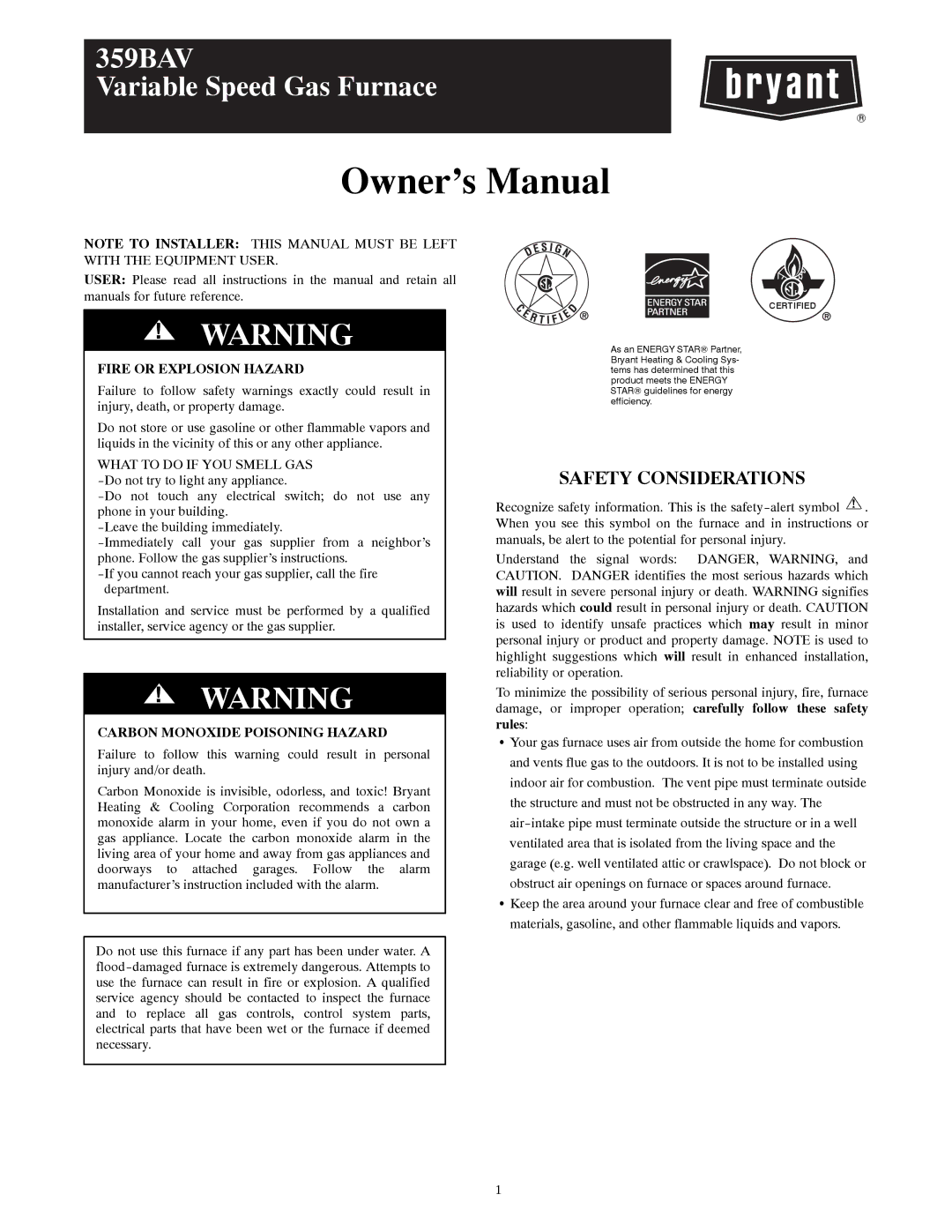 Bryant 359BAV owner manual Fire or Explosion Hazard, Carbon Monoxide Poisoning Hazard 