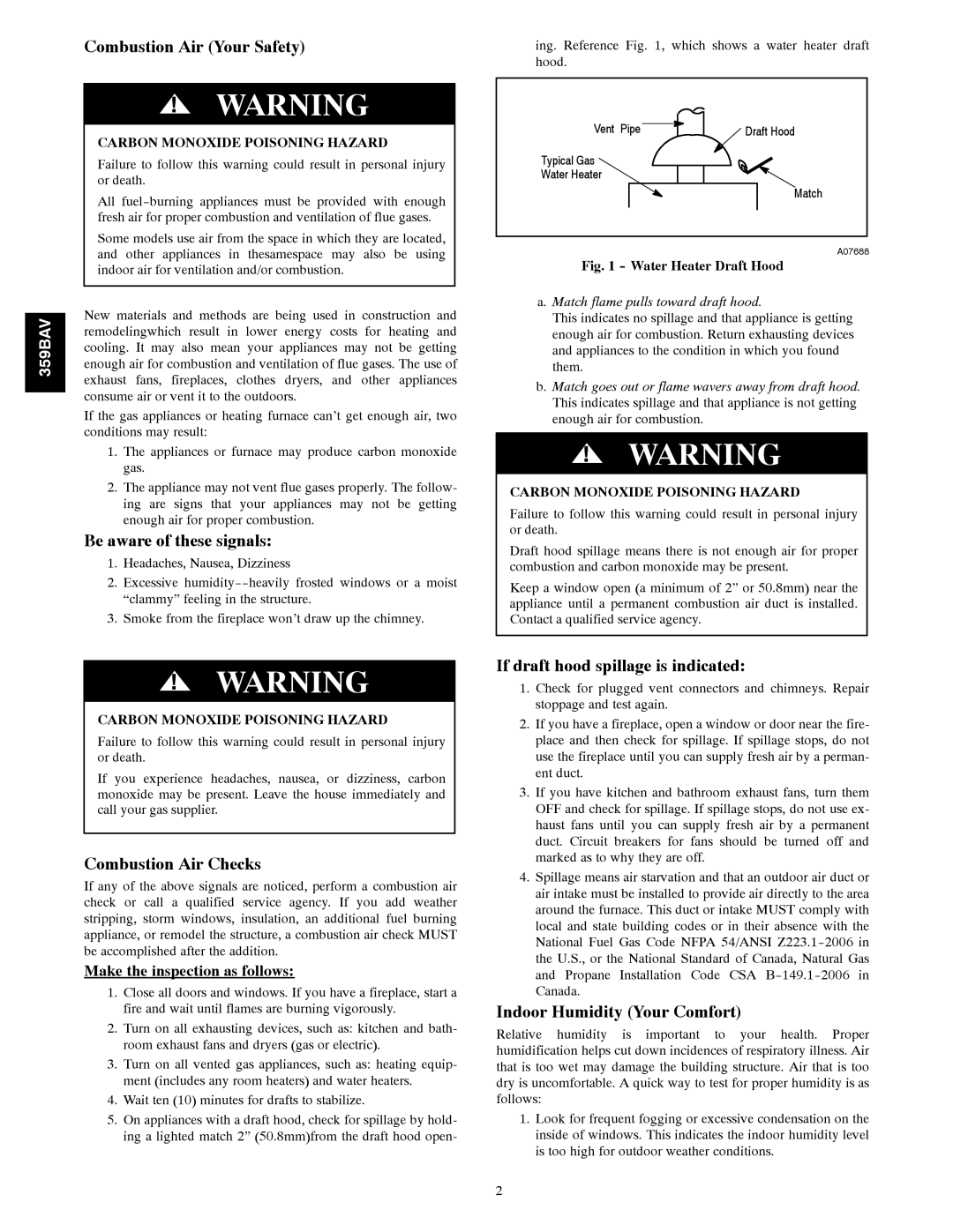 Bryant 359BAV Combustion Air Your Safety, Be aware of these signals, Combustion Air Checks, Indoor Humidity Your Comfort 