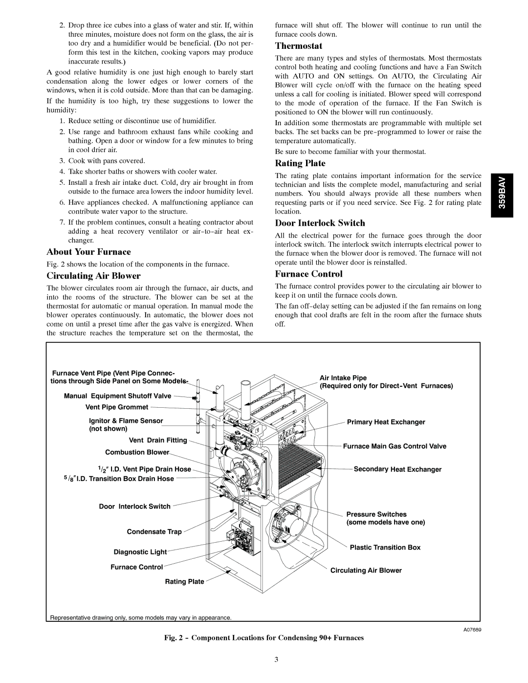 Bryant 359BAV About Your Furnace, Circulating Air Blower, Thermostat, Rating Plate, Door Interlock Switch, Furnace Control 