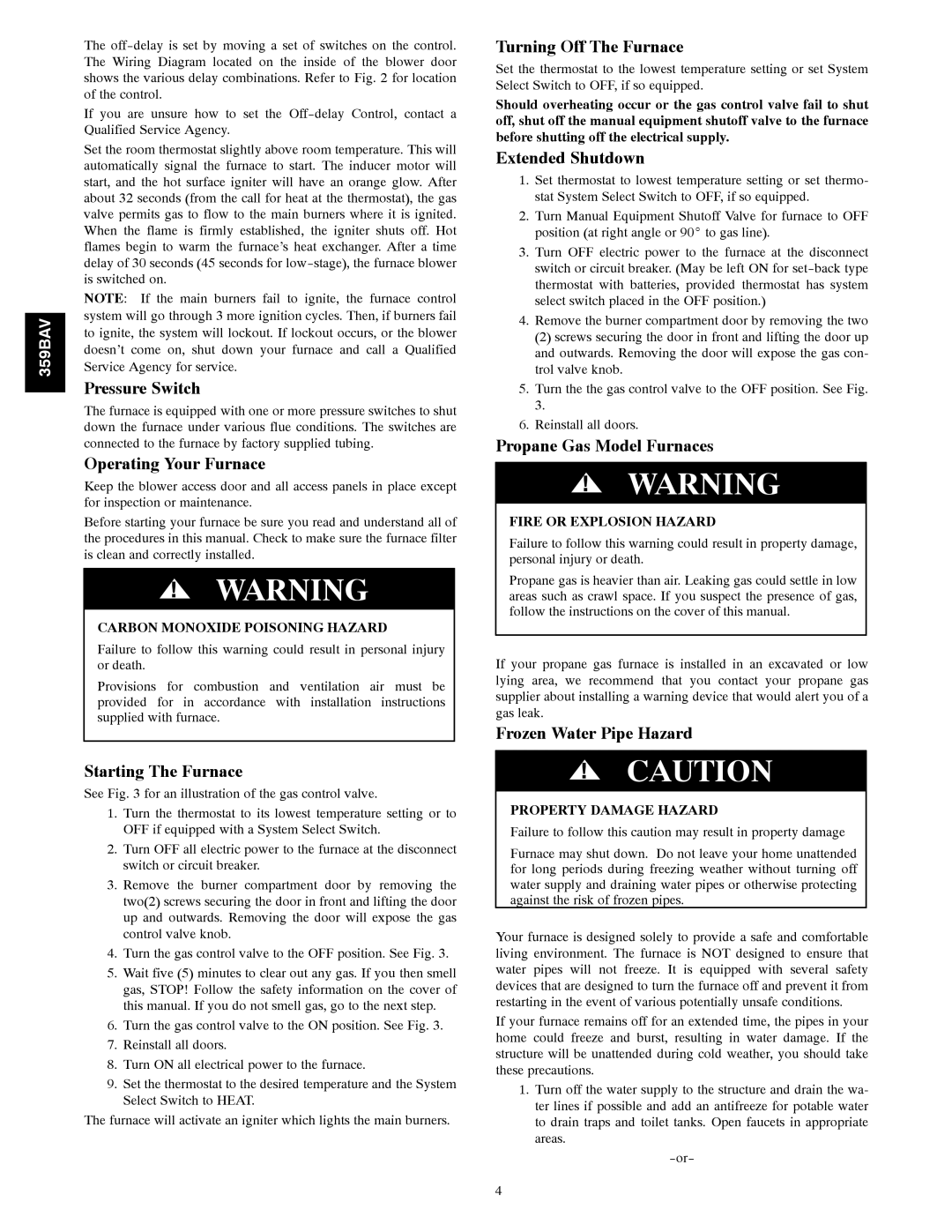 Bryant 359BAV Pressure Switch, Operating Your Furnace, Starting The Furnace, Turning Off The Furnace, Extended Shutdown 