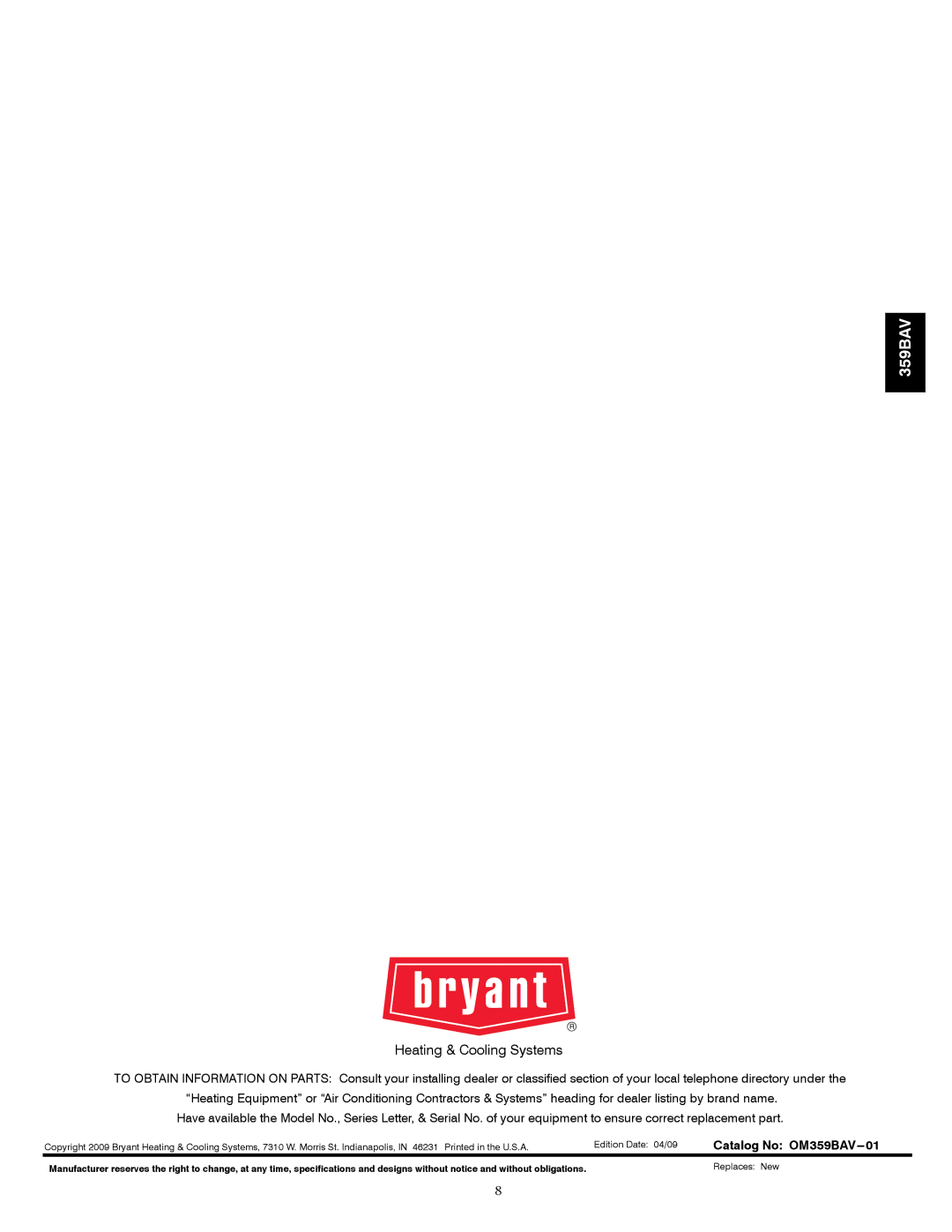 Bryant 359BAV owner manual Heating & Cooling Systems 