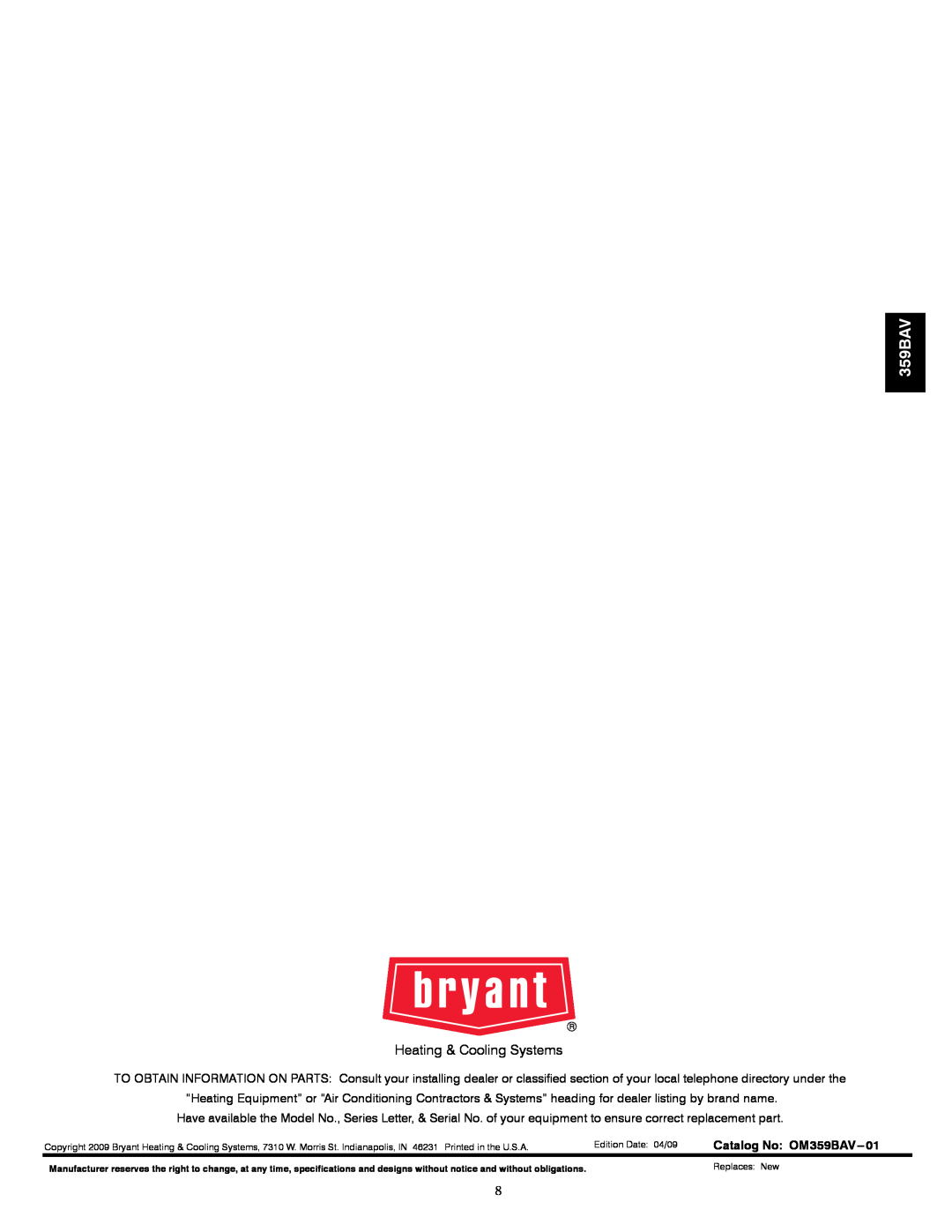 Bryant owner manual Heating & Cooling Systems, Catalog No OM359BAV---01 