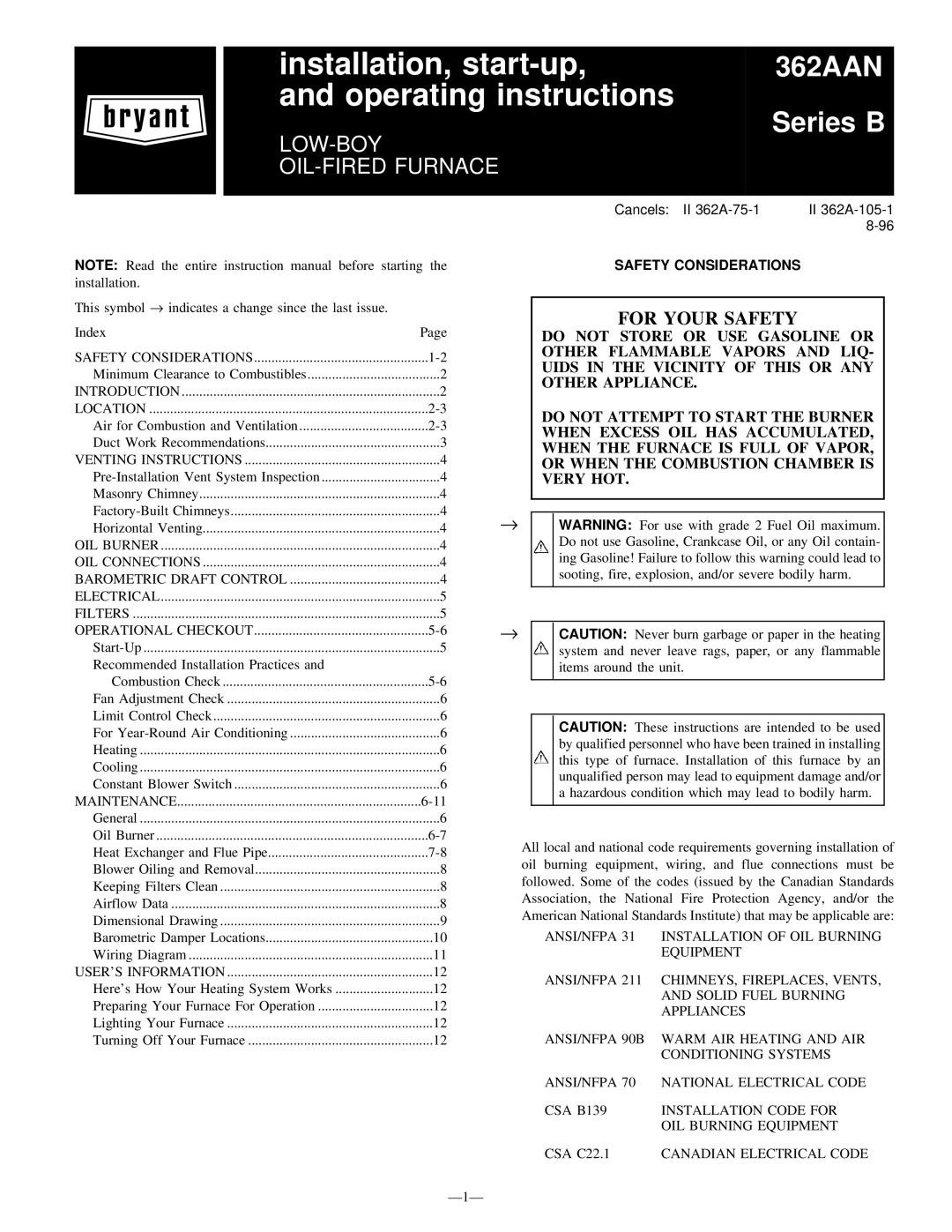 Bryant 362AAN instruction manual This symbol → indicates a change since the last issue Index, Safety Considerations 