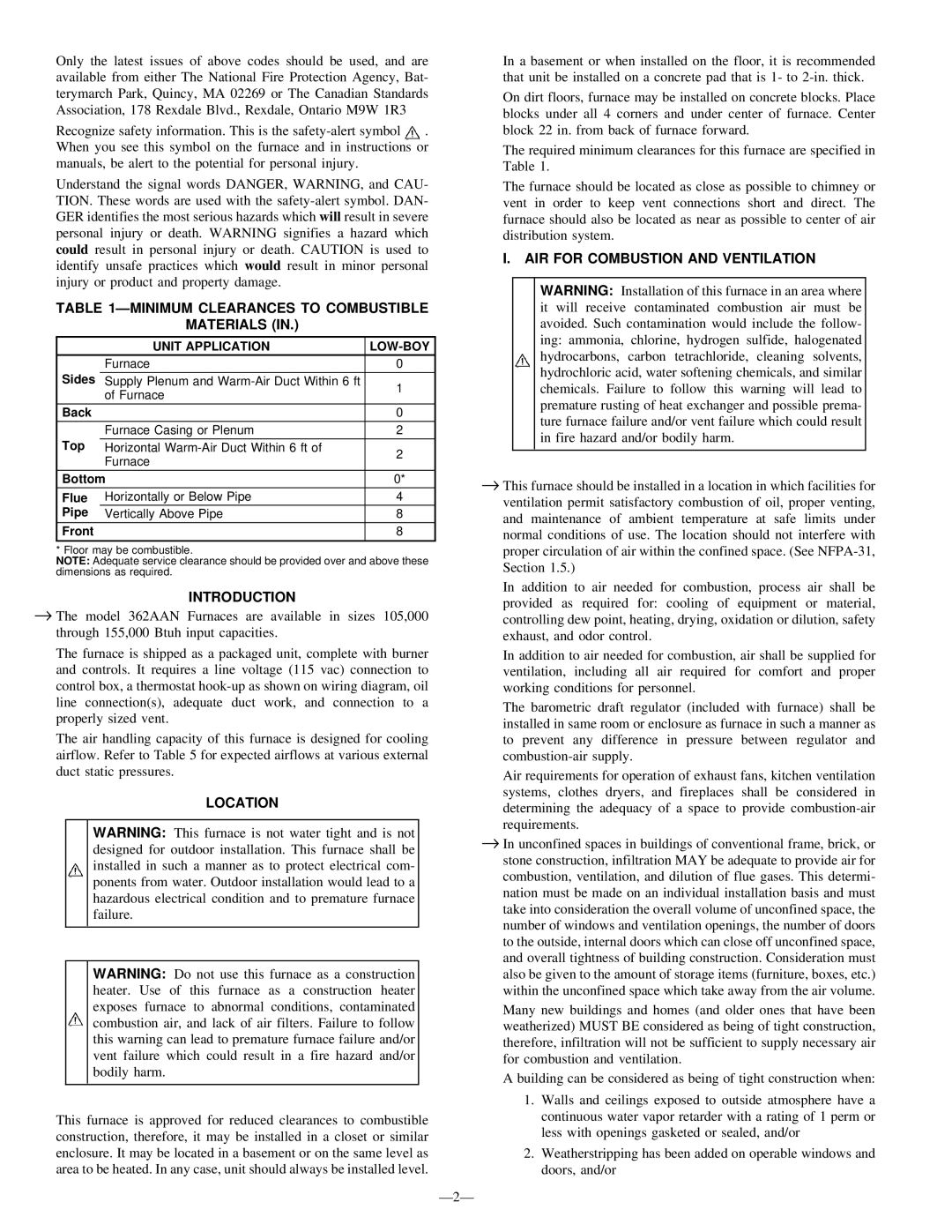 Bryant 362AAN Ðminimum Clearances to Combustible Materials, Introduction, Location, AIR for Combustion and Ventilation 