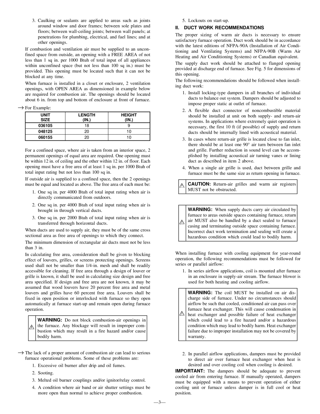 Bryant 362AAN instruction manual Ð3Ð, Lockouts on start-up, II. Duct Work Recommendations 