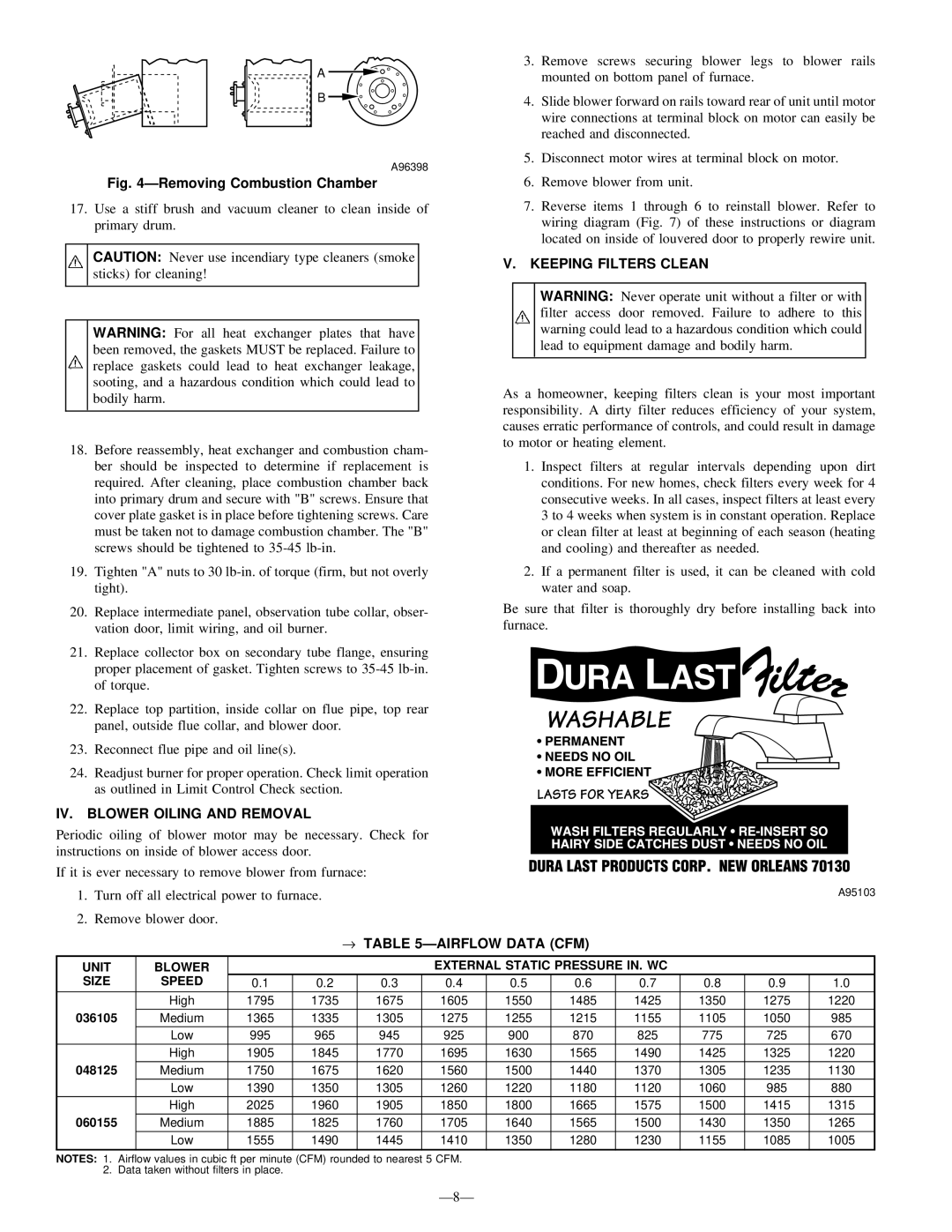 Bryant 362AAN instruction manual Keeping Filters Clean, IV. Blower Oiling and Removal, → Ðairflow Data CFM, Ð8Ð 