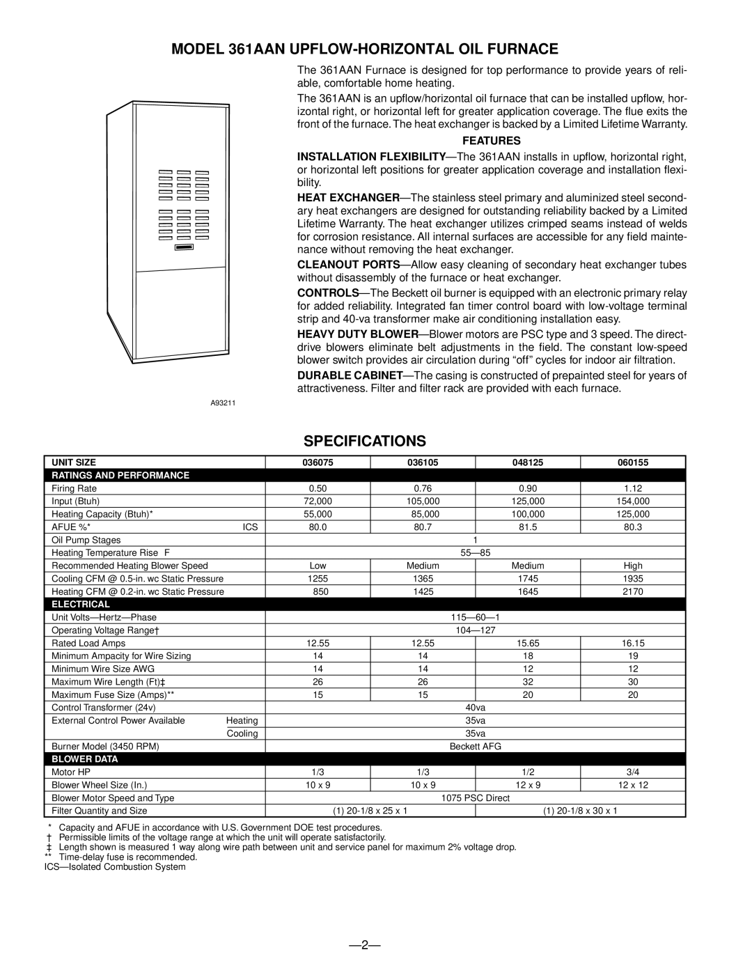 Bryant 363AAP 361AAN Model 361AAN UPFLOW-HORIZONTAL OIL Furnace, Specifications, Unit Size, 036075 036105 048125 060155 