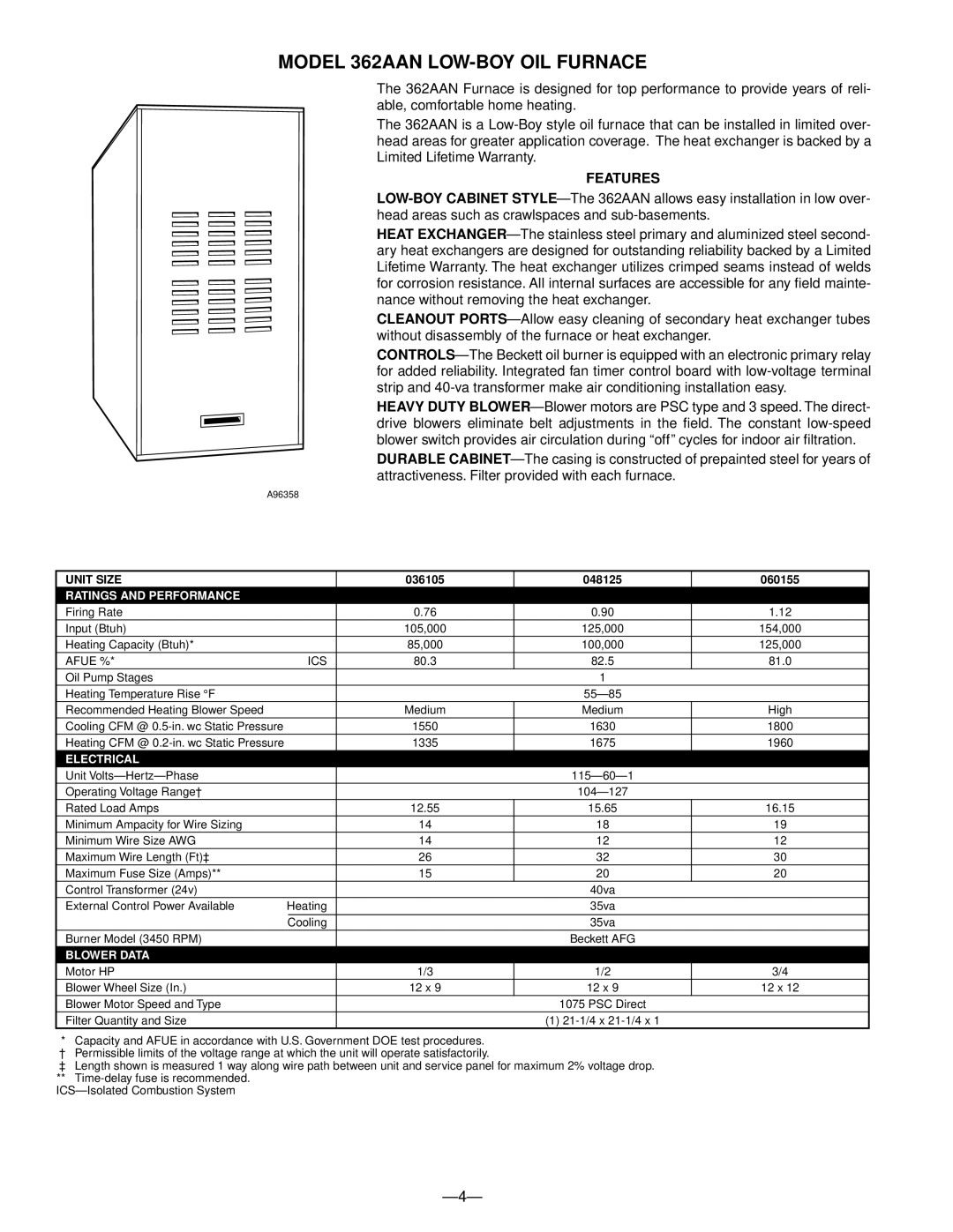 Bryant 363AAP 361AAN manual Model 362AAN LOW-BOY OIL Furnace, 036105 048125 060155 