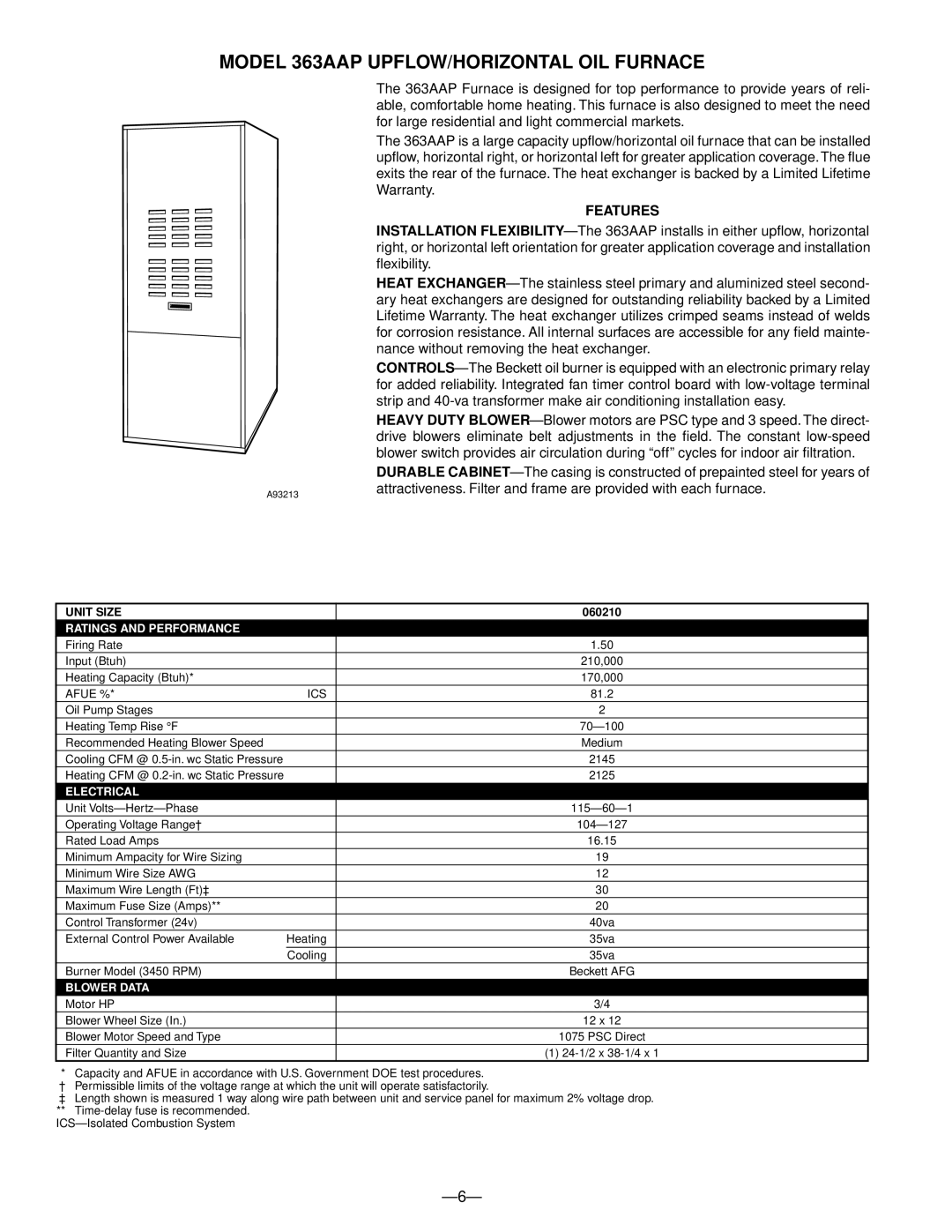 Bryant 363AAP 361AAN manual Model 363AAP UPFLOW/HORIZONTAL OIL Furnace, 060210, Oil Pump Stages Heating Temp Rise F 