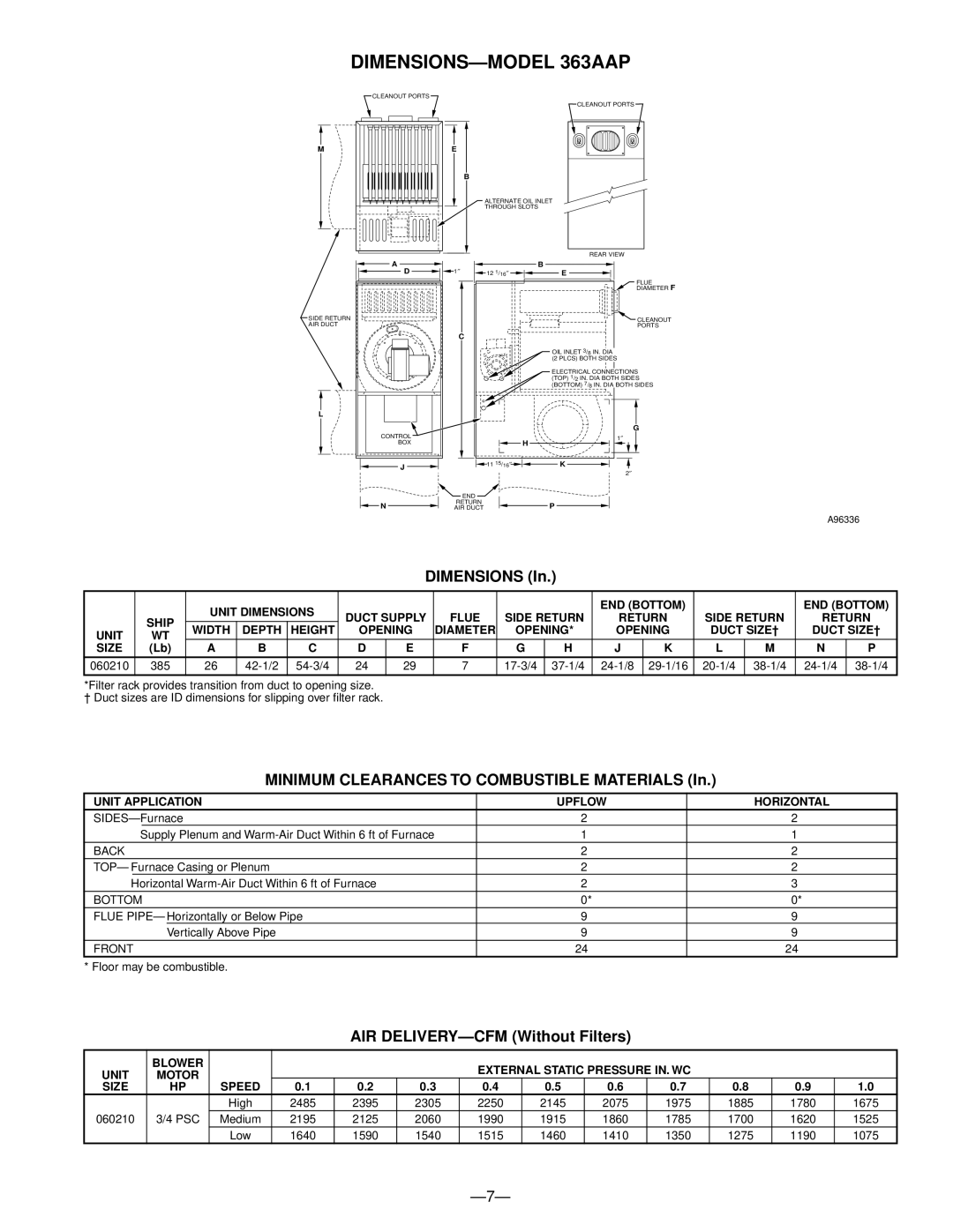 Bryant 363AAP 361AAN manual DIMENSIONS-MODEL 363AAP, Unit Dimensions END Bottom 