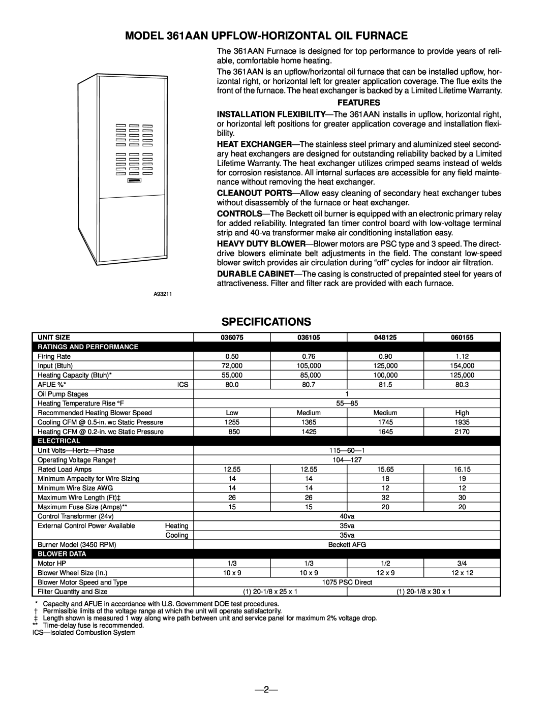 Bryant 363AAP 361AAN manual MODEL 361AAN UPFLOW-HORIZONTALOIL FURNACE, Specifications, Features 