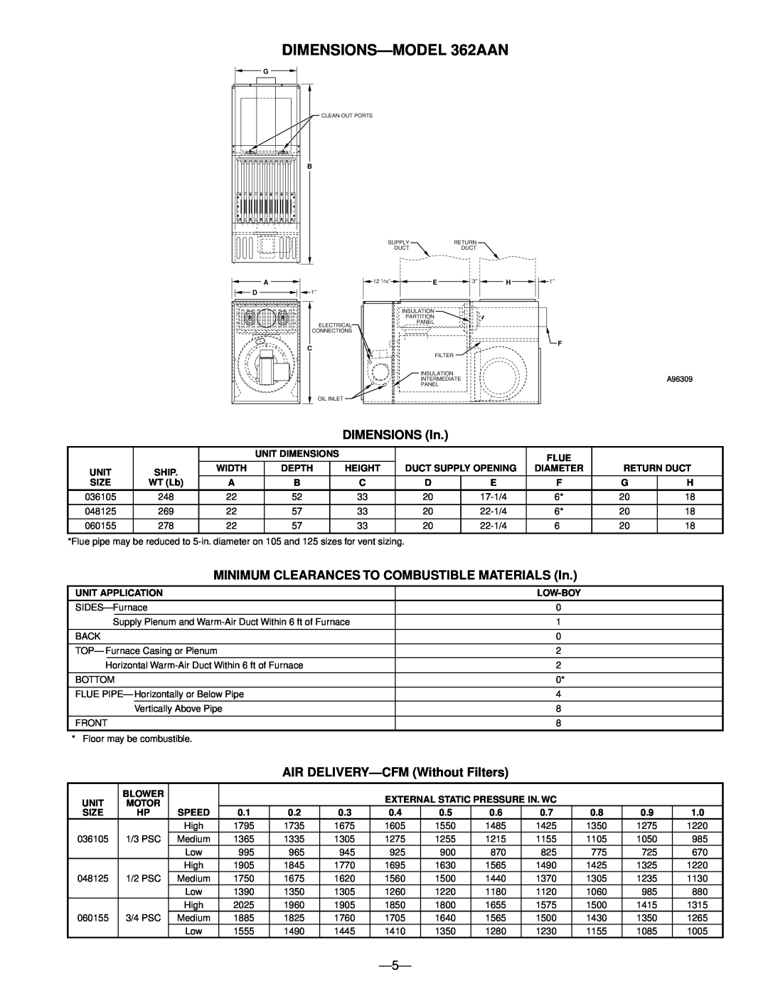 Bryant 363AAP 361AAN manual DIMENSIONS-MODEL362AAN, DIMENSIONS In, MINIMUM CLEARANCES TO COMBUSTIBLE MATERIALS In 