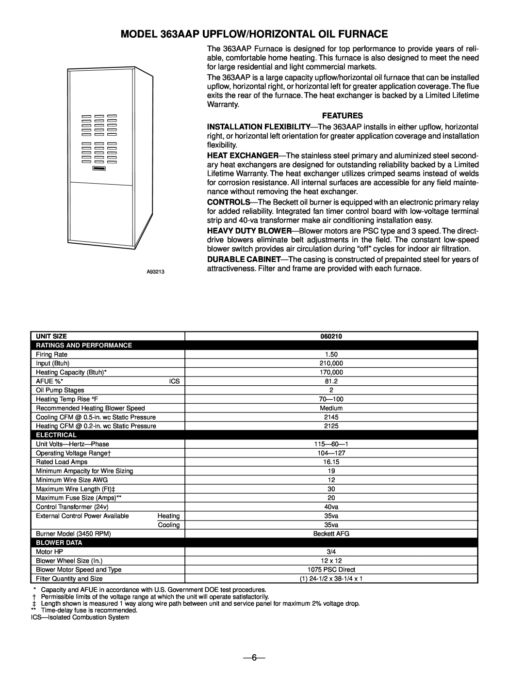 Bryant 363AAP 361AAN manual MODEL 363AAP UPFLOW/HORIZONTAL OIL FURNACE, Features 