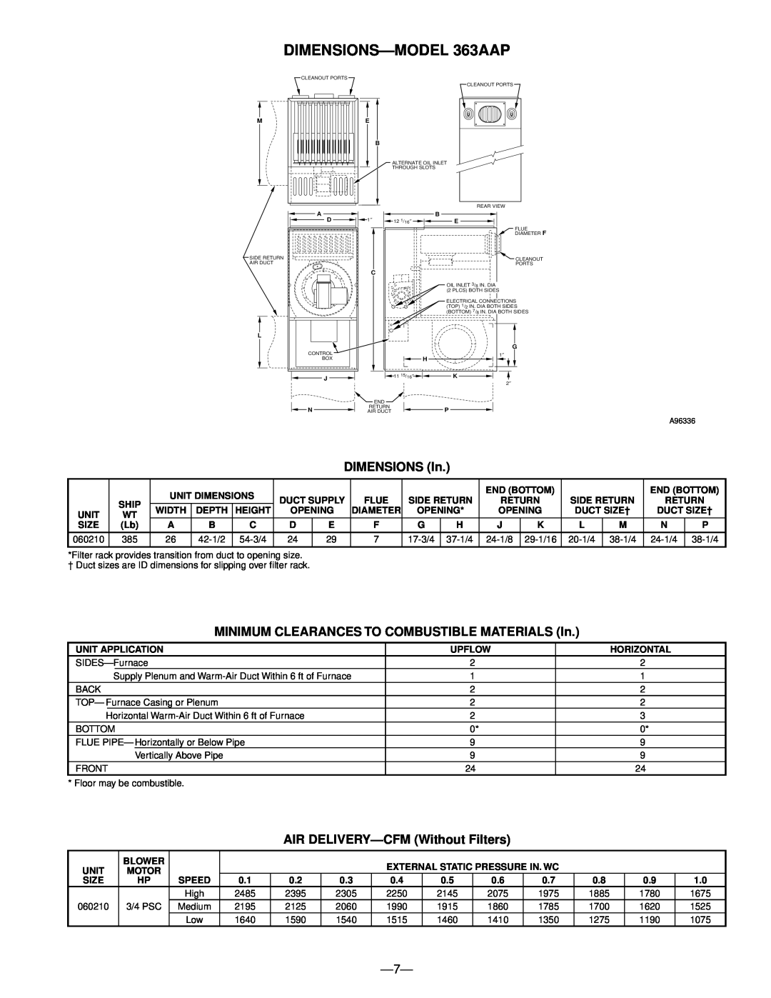 Bryant 363AAP 361AAN manual DIMENSIONS-MODEL363AAP, DIMENSIONS In, MINIMUM CLEARANCES TO COMBUSTIBLE MATERIALS In 