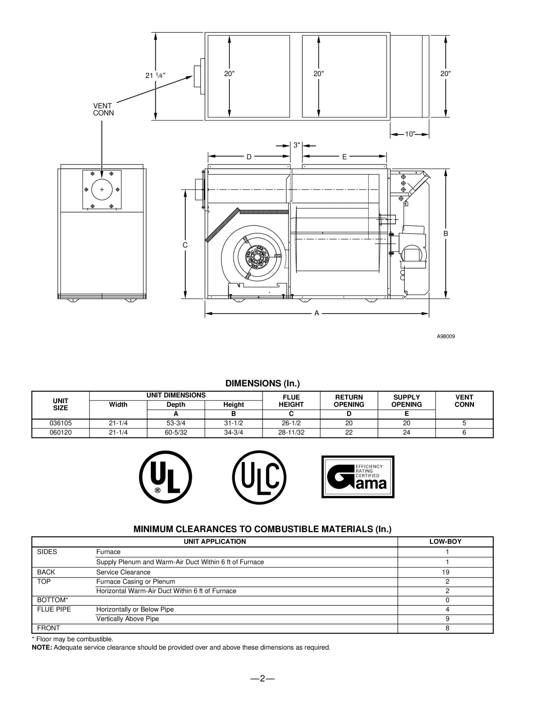 Bryant 367AAN warranty Minimum Clearances to Combustible Materials, Unit Unit Dimensions Flue Return Supply Vent 