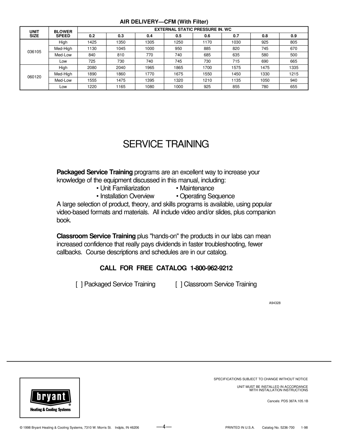 Bryant 367AAN warranty Unit Familiarization Maintenance Installation Overview, Packaged Service Training, Unit Blower 