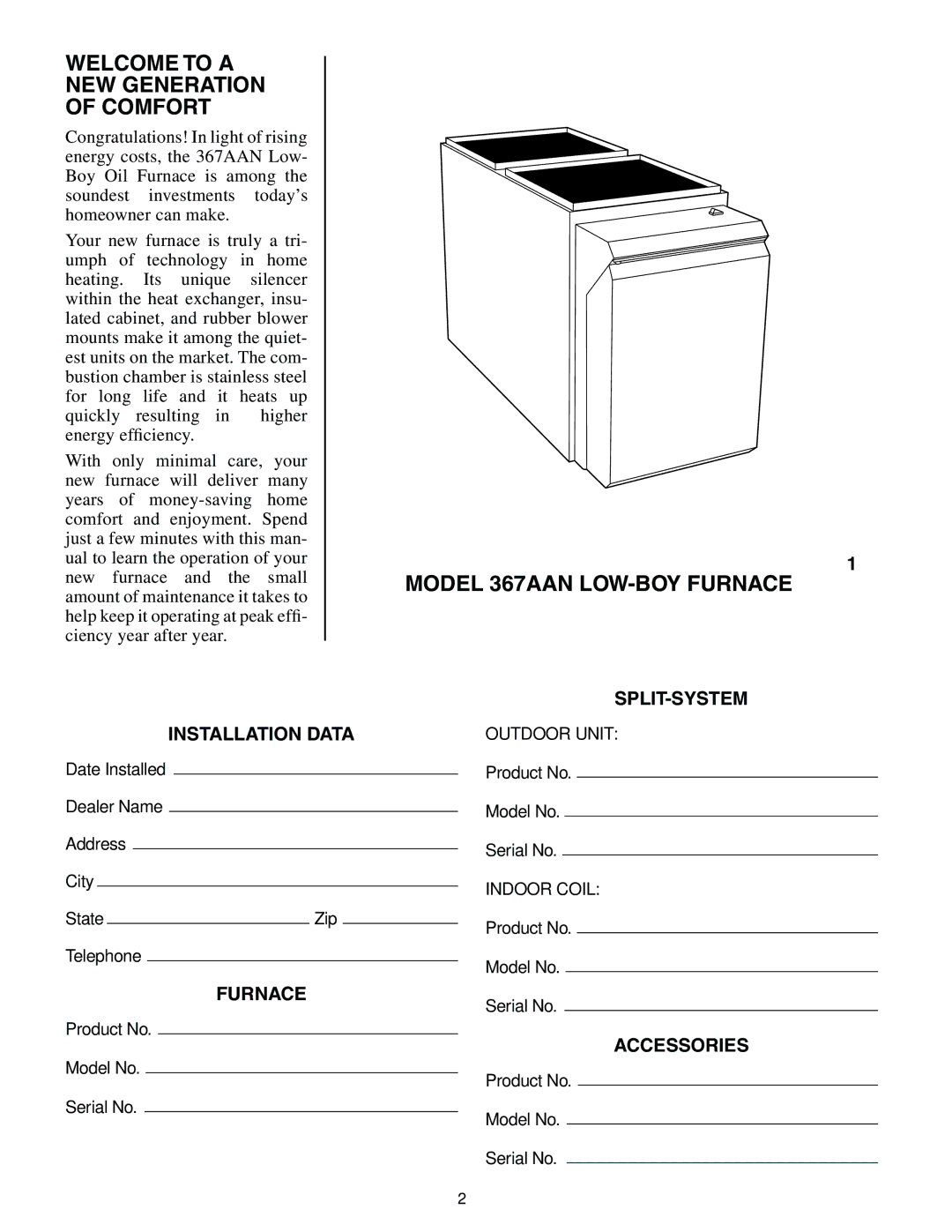 Bryant manual Welcome to a NEW Generation of Comfort, Model 367AAN LOW-BOY Furnace, Split-System, Installation Data 