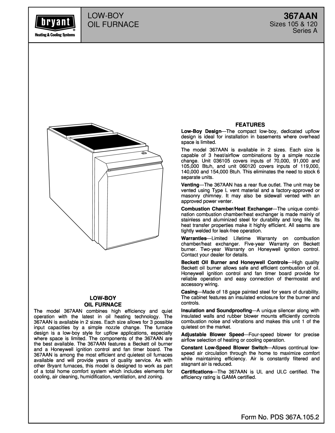 Bryant manual MODEL 367AAN OIL FURNACE, User’S Information Manual, Note To Installer 