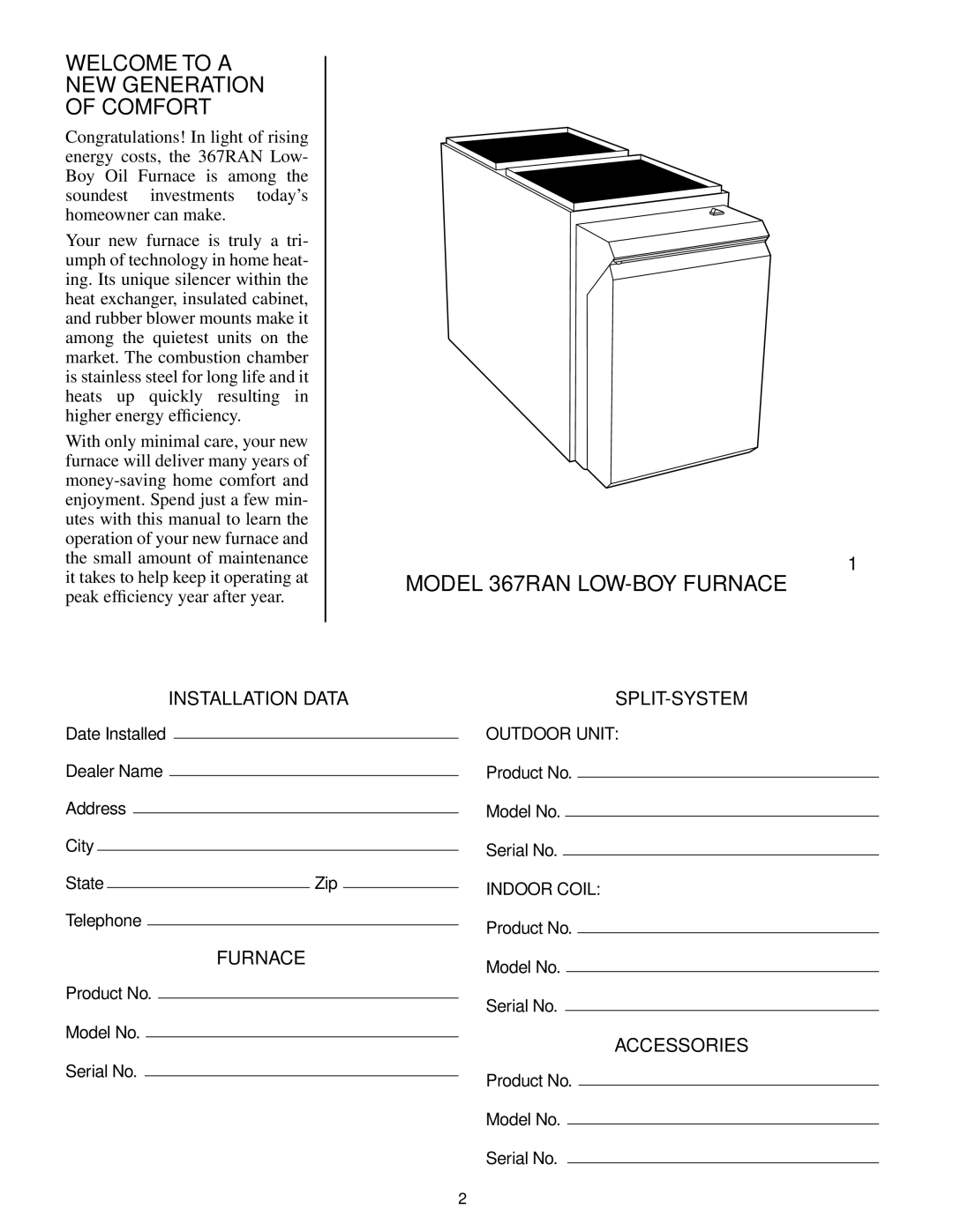 Bryant manual Welcome to a NEW Generation Comfort, Model 367RAN LOW-BOY Furnace 