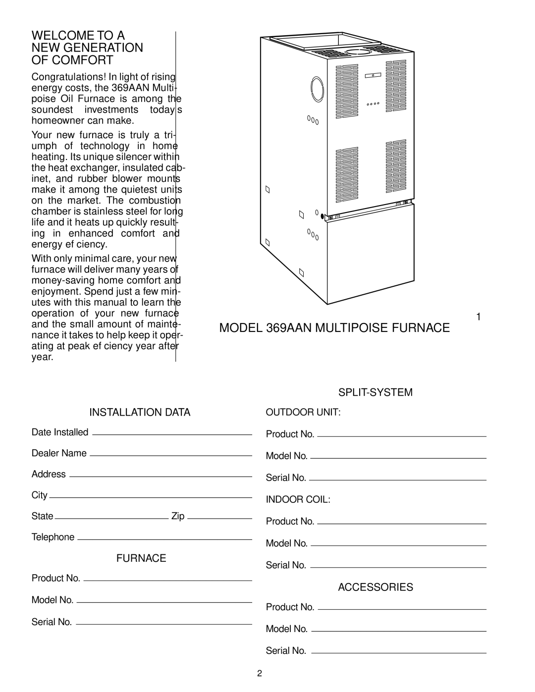 Bryant manual Welcome to a NEW Generation of Comfort, Model 369AAN Multipoise Furnace, SPLIT-SYSTEM Installation Data 