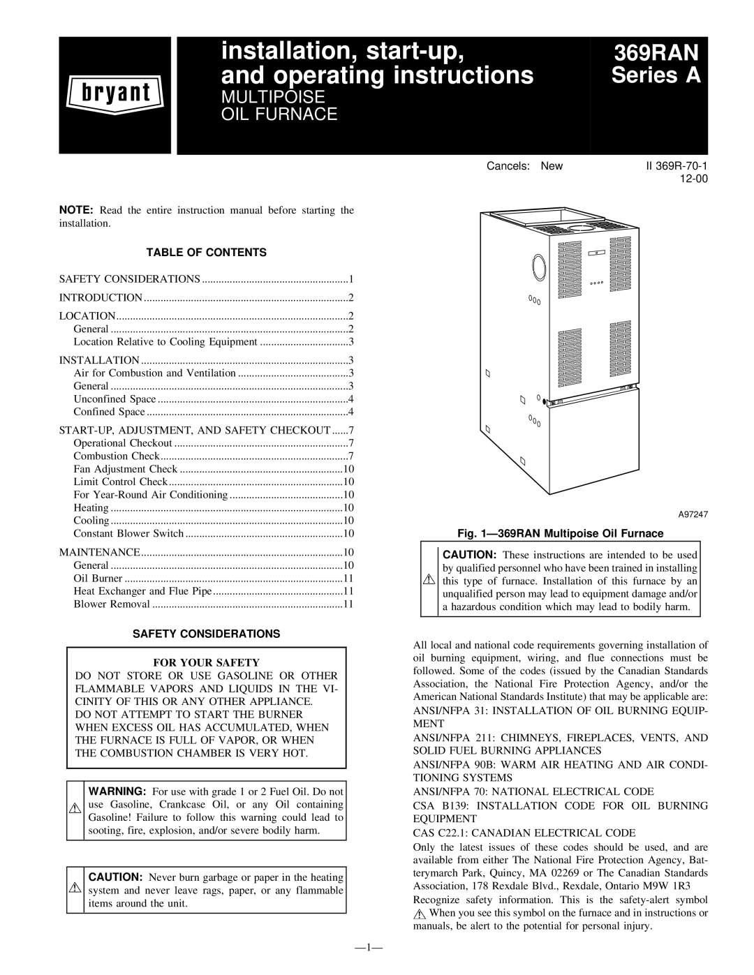 Bryant 369RAN instruction manual Table of Contents, Safety Considerations 