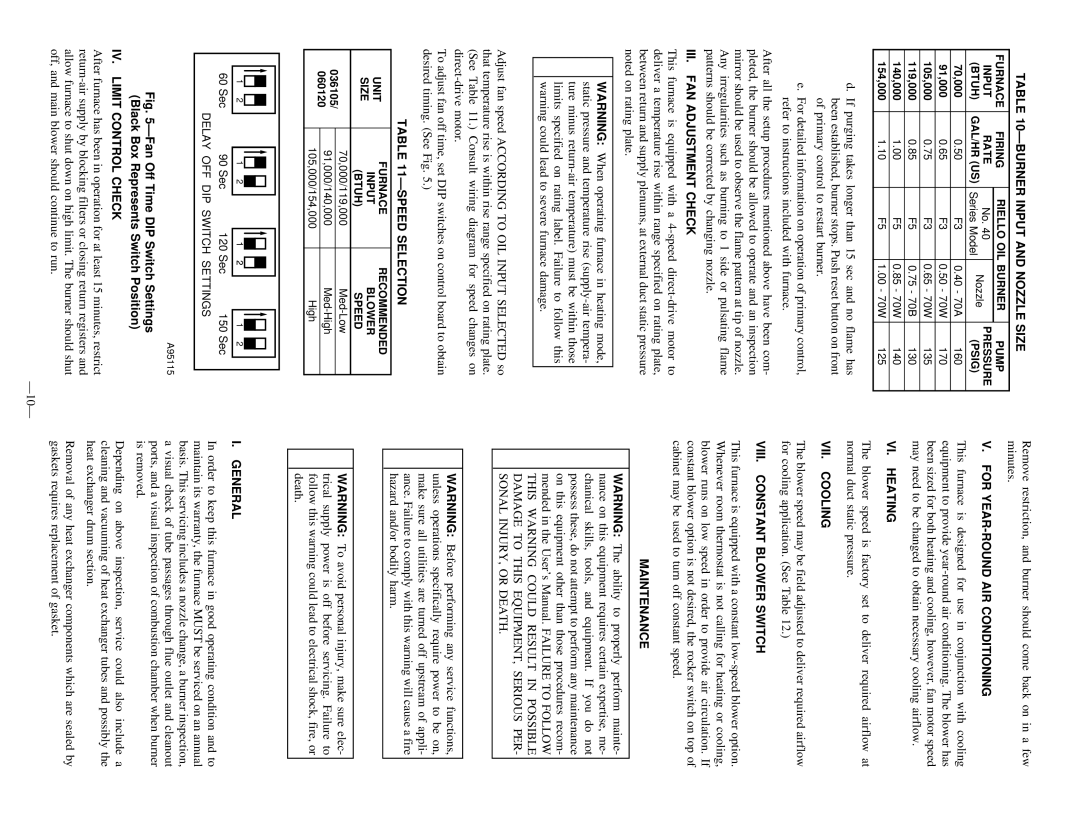 Bryant 369RAN Burner Input and Nozzle Size, III. FAN Adjustment Check, Speed Selection, For YEAR-ROUND AIR Conditioning 