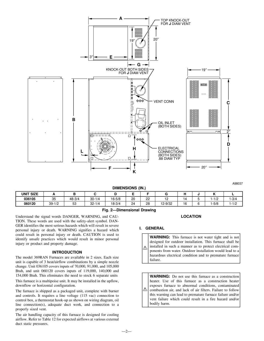 Bryant 369RAN instruction manual Dimensions, Introduction, Location General, Unit Size 