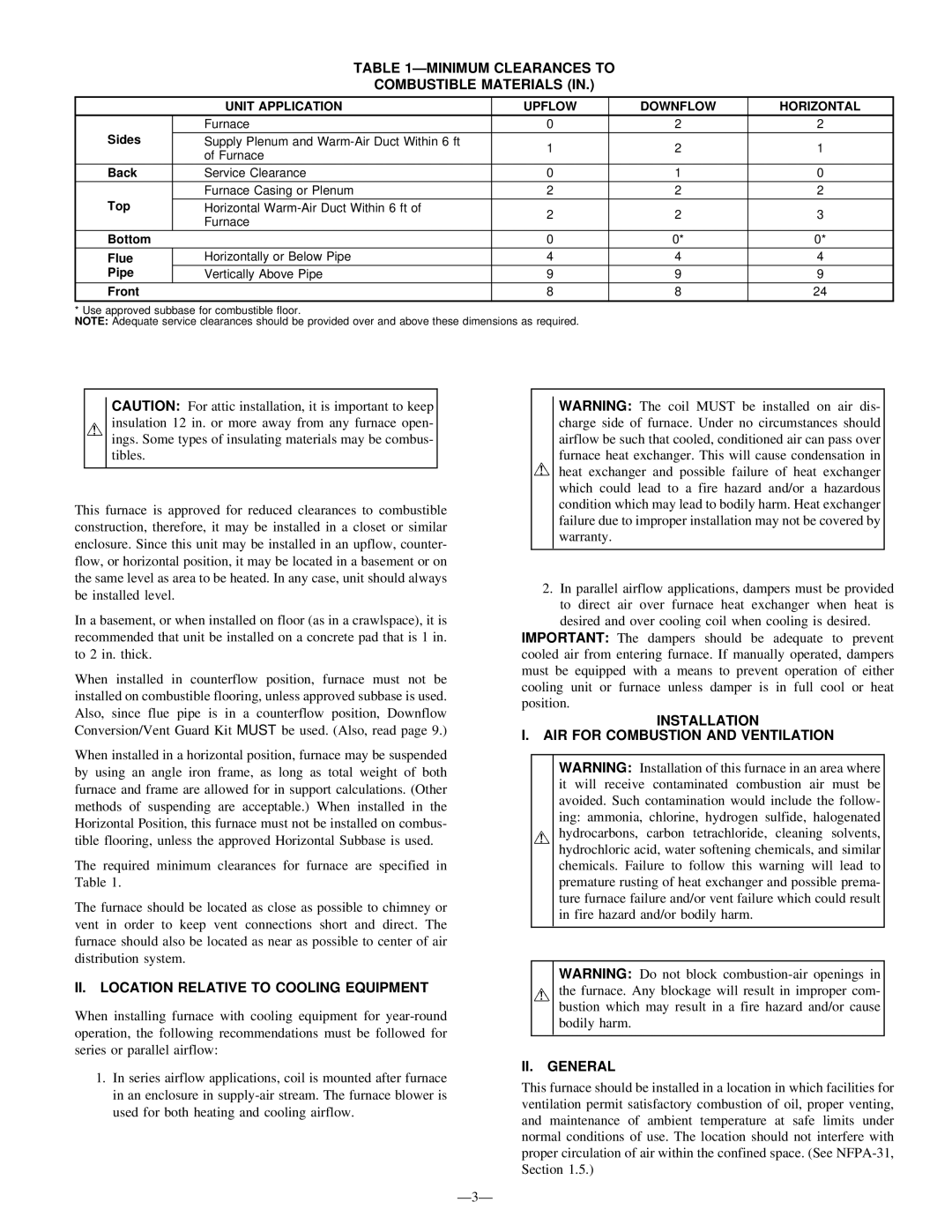 Bryant 369RAN instruction manual Minimum Clearances to Combustible Materials, II. Location Relative to Cooling Equipment 