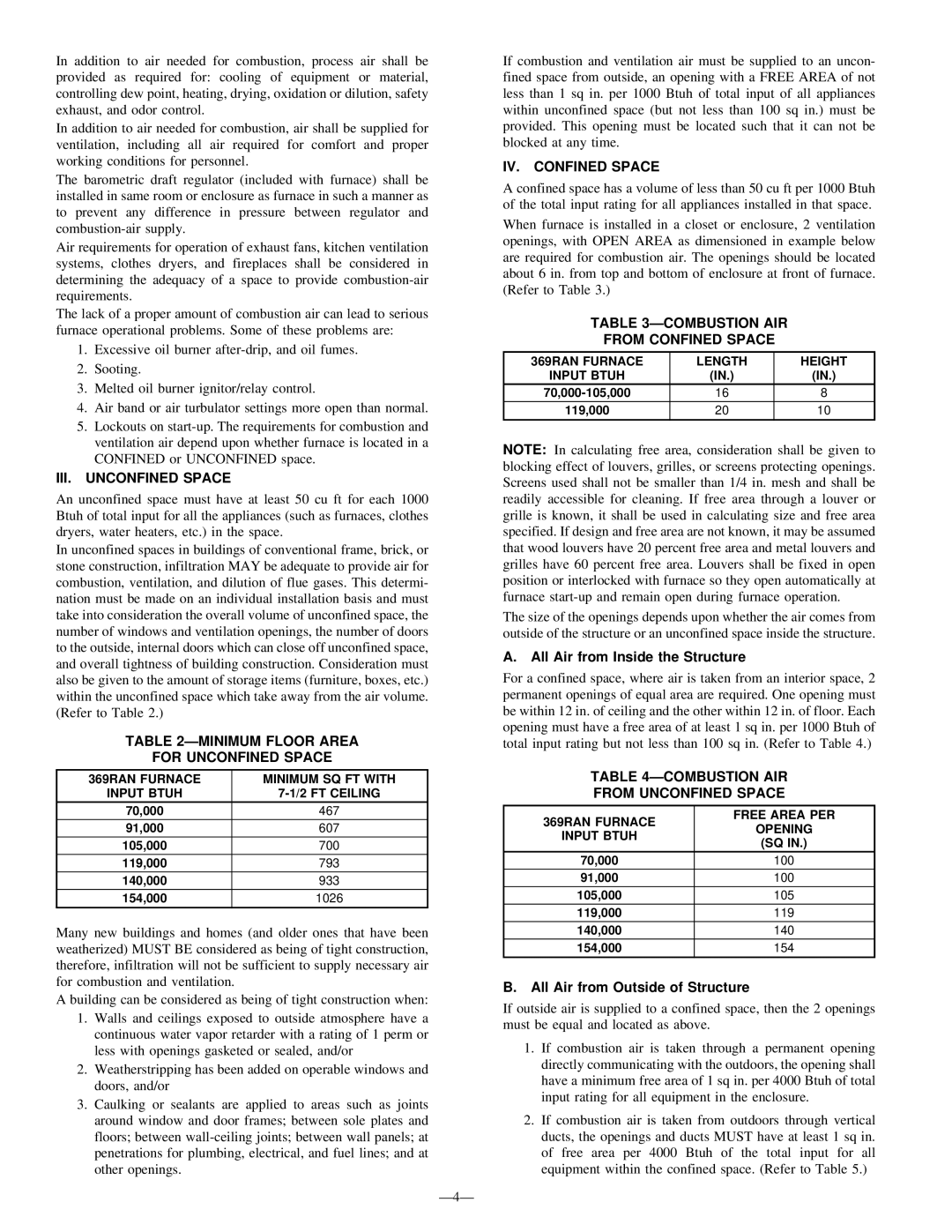 Bryant 369RAN instruction manual III. Unconfined Space, Minimum Floor Area For Unconfined Space, IV. Confined Space 