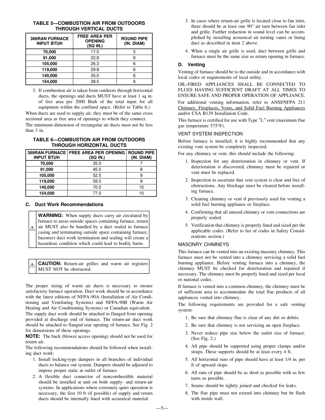 Bryant 369RAN Combustion AIR from Outdoors Through Vertical Ducts, Combustion AIR from Outdoors Through Horizontal Ducts 