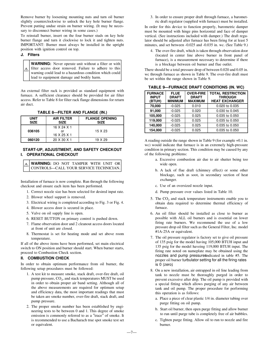 Bryant 369RAN instruction manual Filters, Filter and Flange, II. Combustion Check, Furnace Draft Conditions IN. WC 