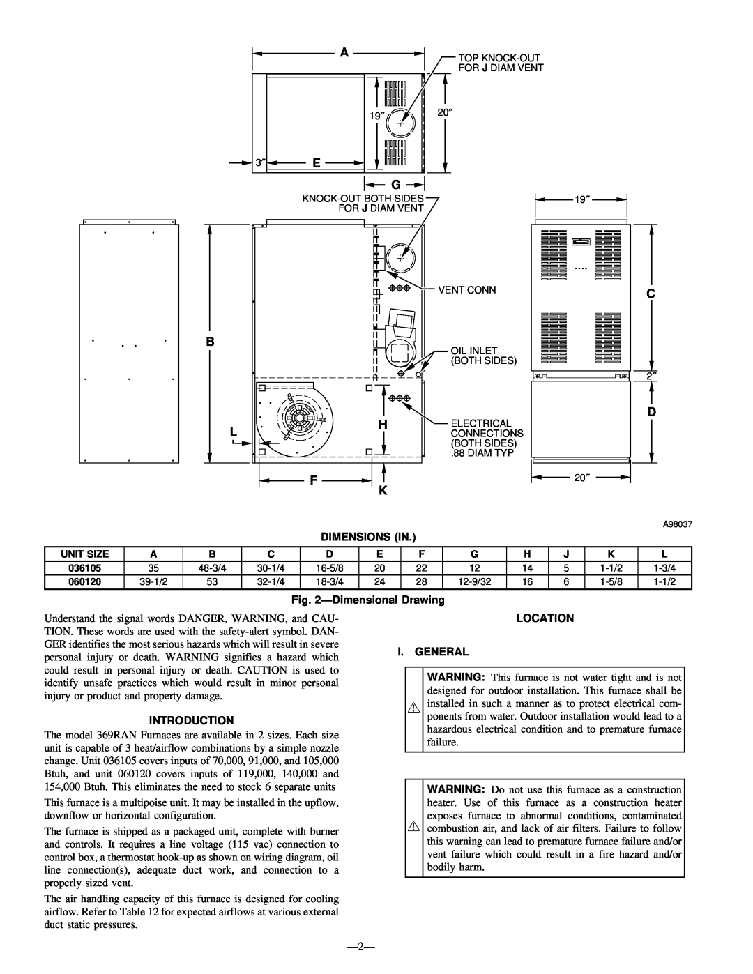 Bryant 369RAN instruction manual Dimensions In, DimensionalDrawing, Introduction, Location I. General 