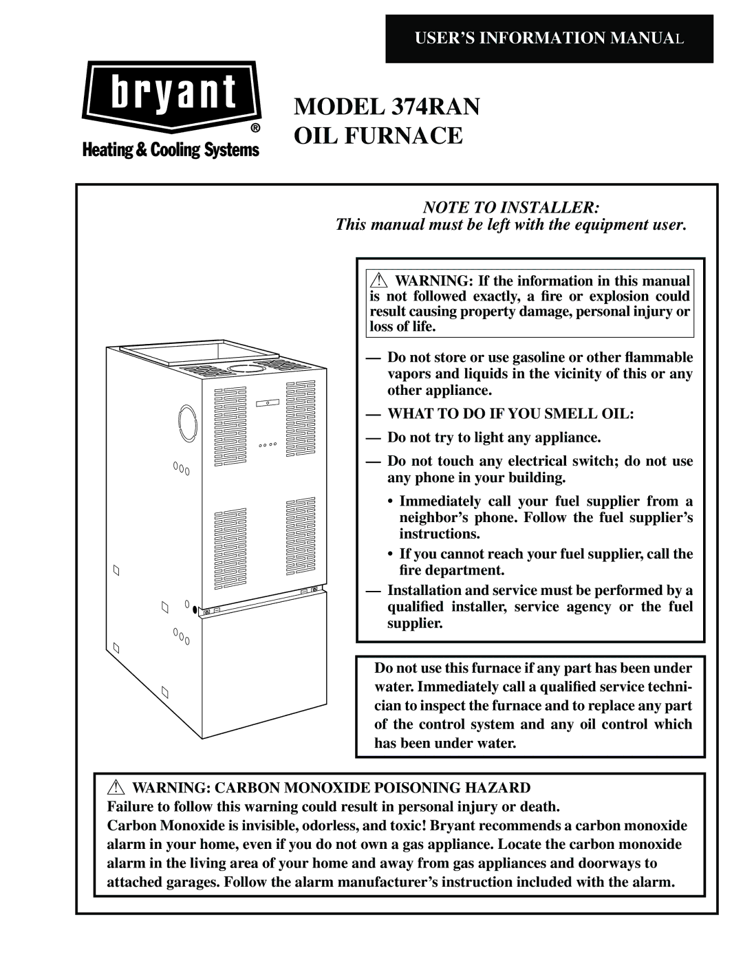 Bryant manual Model 374RAN OIL Furnace 