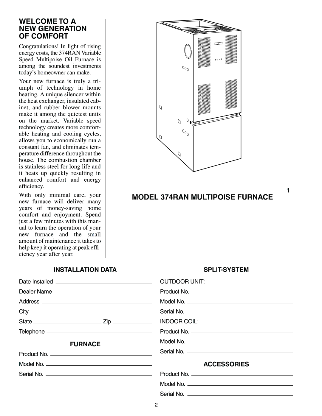 Bryant manual Welcome to a NEW Generation of Comfort, Model 374RAN Multipoise Furnace, Installation Data SPLIT-SYSTEM 