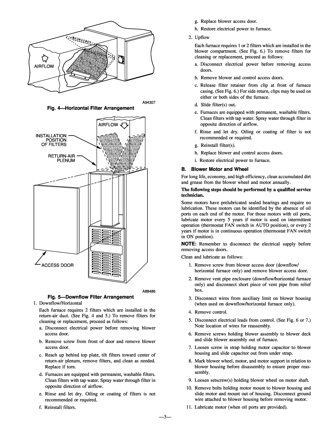 Bryant 383KAV instruction manual ÐHorizontal Filter Arrangement, ÐDownflow Filter Arrangement, B. Blower Motor and Wheel 