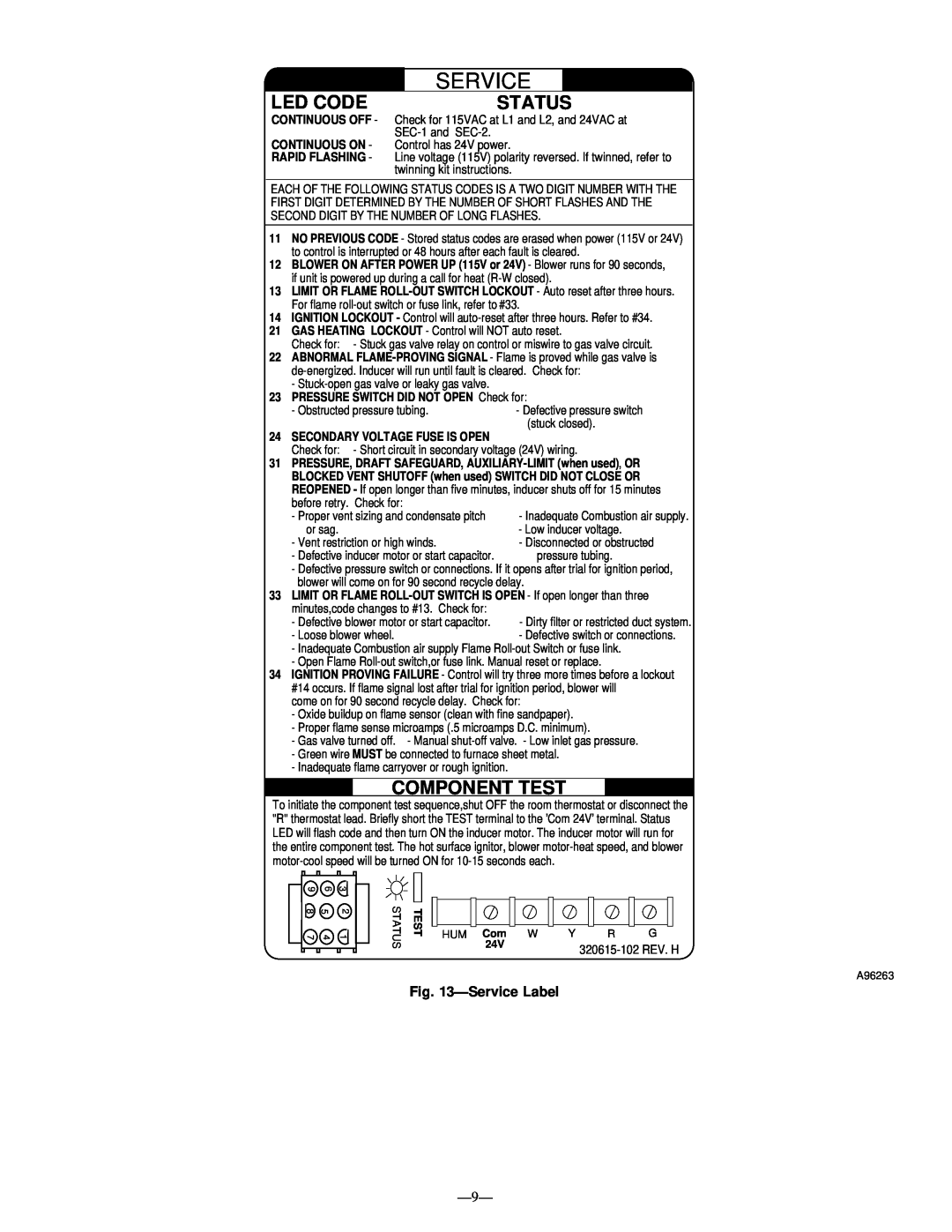 Bryant 383KAV instruction manual Led Code, Status, Component Test, ÐService Label 