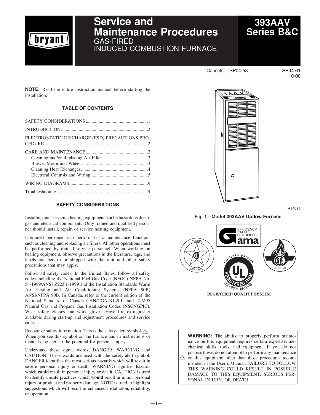 Bryant 393AAV instruction manual Table of Contents, Safety Considerations 