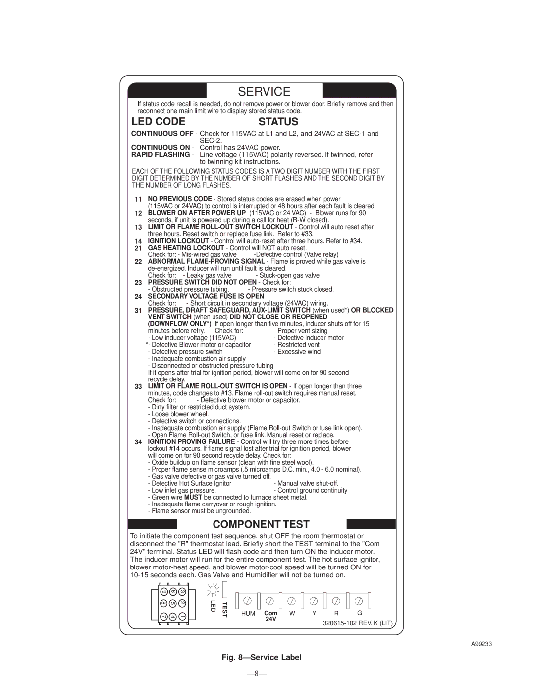 Bryant 393AAV instruction manual Service, Ð8Ð 