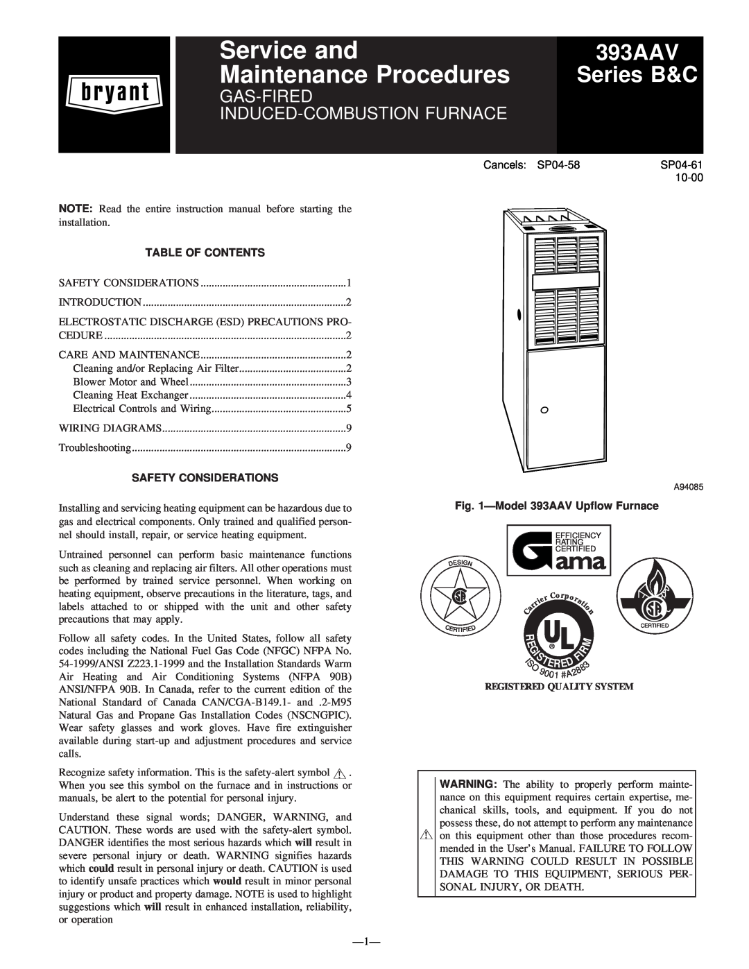 Bryant 393AAV instruction manual Service and, Maintenance Procedures, Series B&C, Gas-Fired Induced-Combustionfurnace 