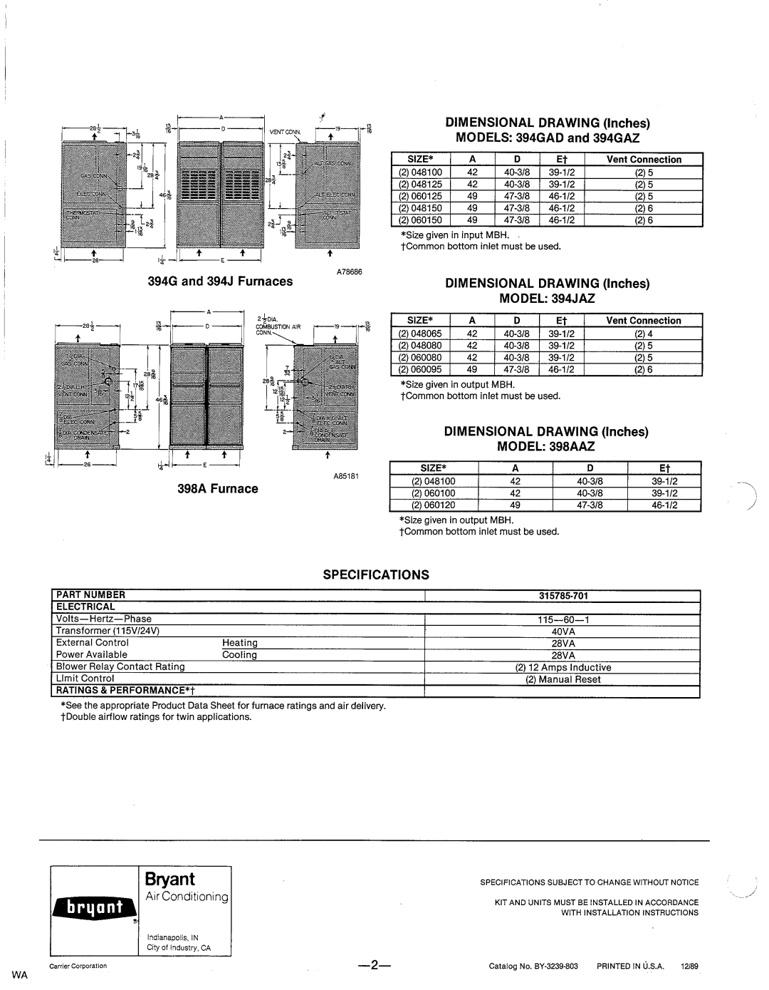 Bryant 394GAD, 394GAZ, 394JAZ manual 