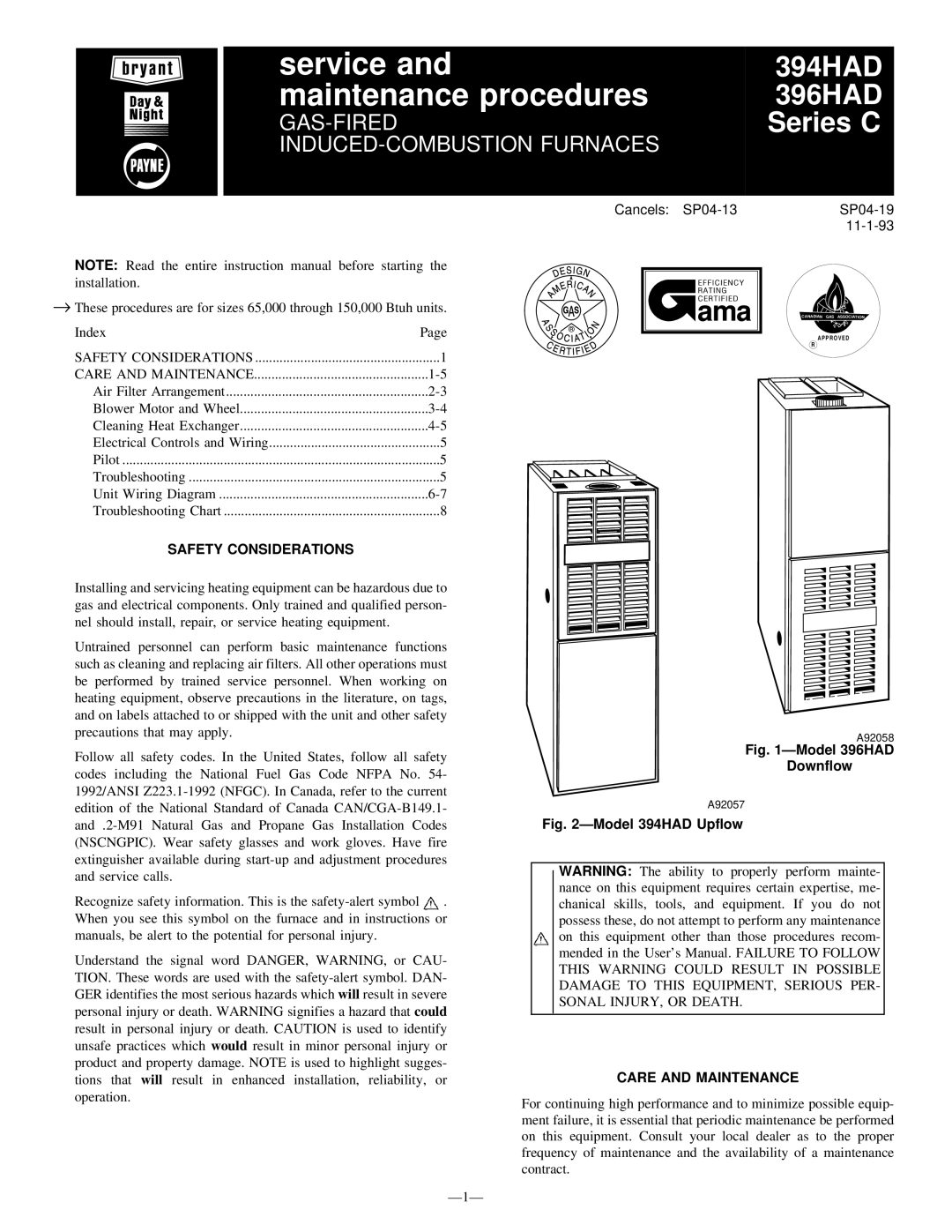 Bryant 396HAD, 394HAD instruction manual Safety Considerations, Ð1Ð, Care and Maintenance 