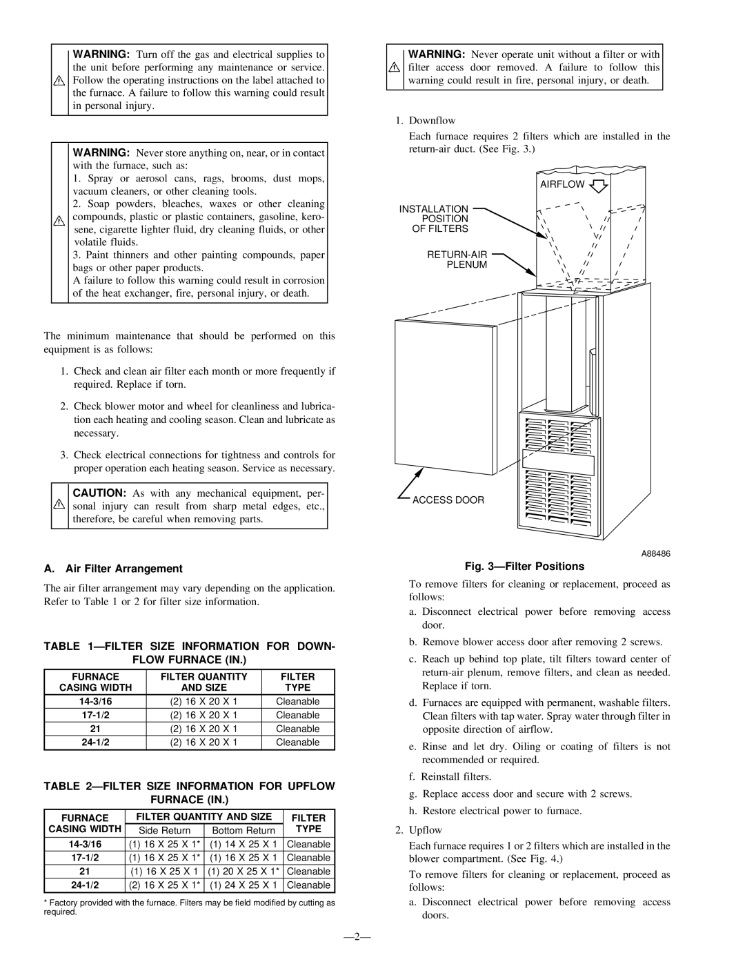 Bryant 394HAD, 396HAD instruction manual Air Filter Arrangement, Ðfilter Size Information for Down Flow Furnace, Ð2Ð 