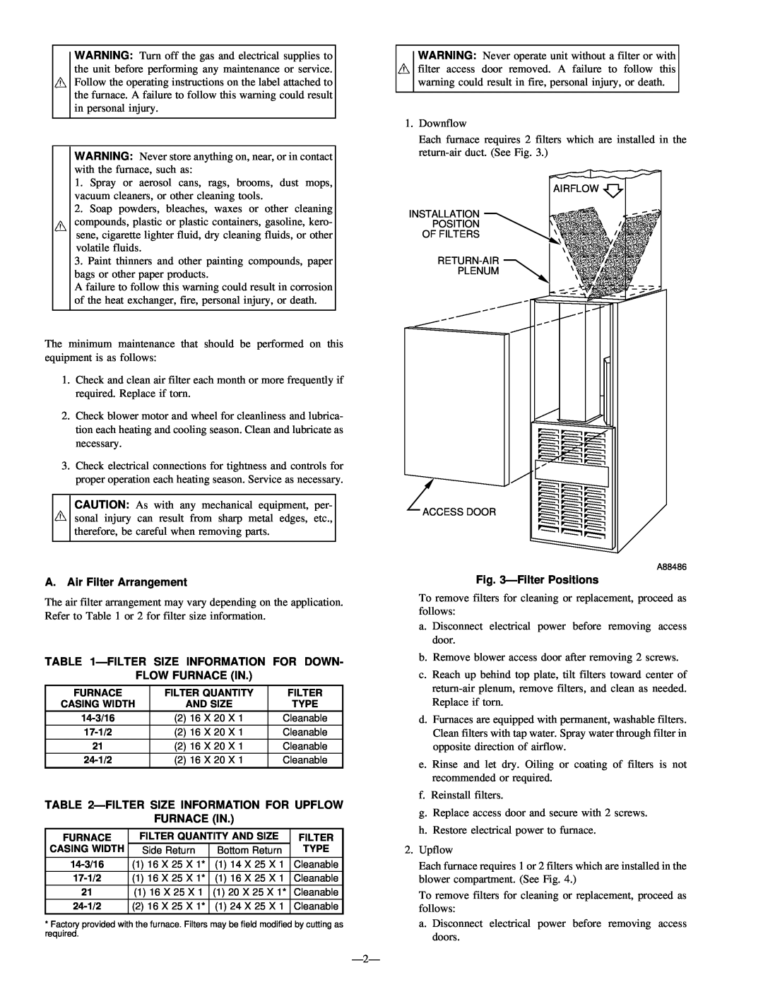 Bryant 394HAD, 396HAD A. Air Filter Arrangement, Ðfilter Size Information For Down, Flow Furnace In, ÐFilter Positions 