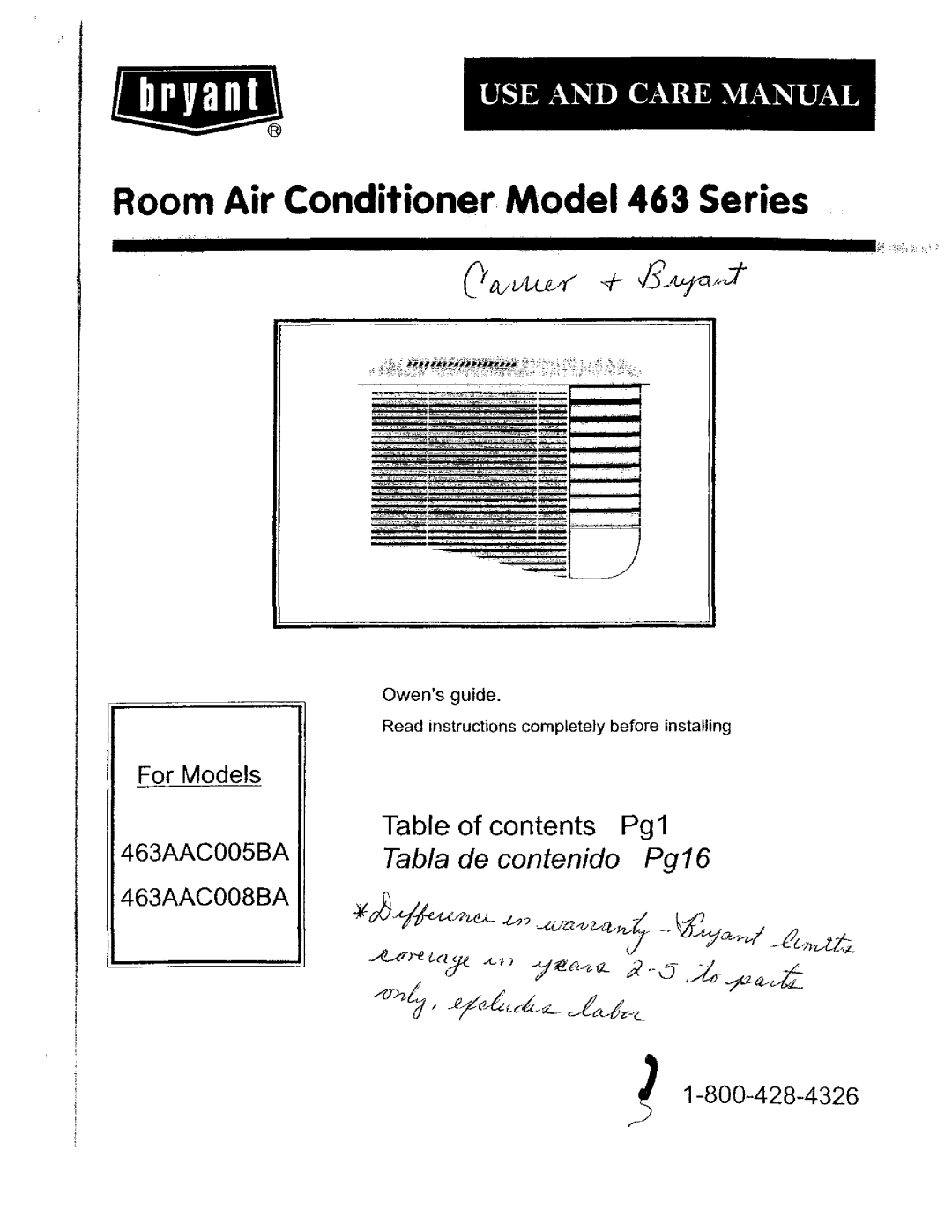 Bryant 463AAC008BA, 463AAC005BA manual 