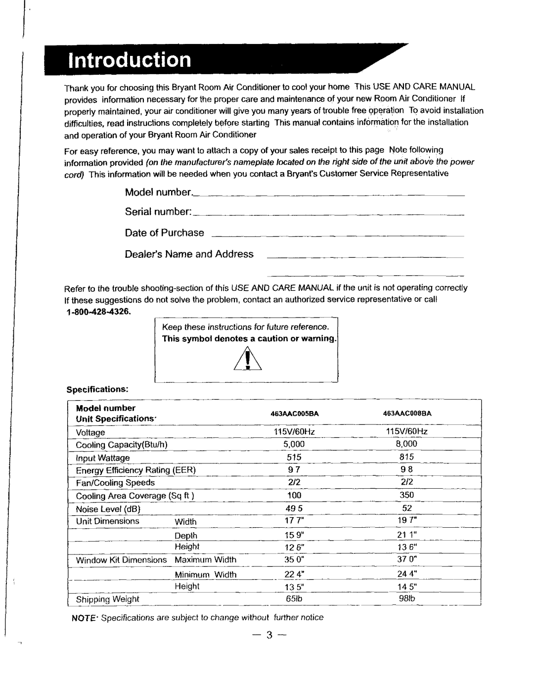 Bryant 463AAC005BA, 463AAC008BA manual 